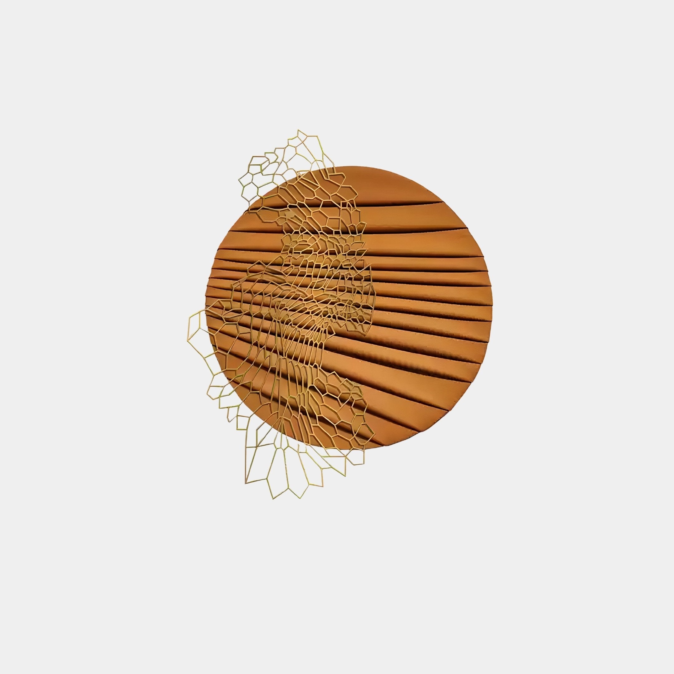 The Auramesh Sunset Orange-II Metal Winged Circular Geometric Wall Art by Giant Sculptures features a brown circular form with fan-like textures on one side and a gold geometric mesh overlay, offering captivating contrast—ideal for modern interiors against a white backdrop.