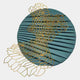 The Auramesh Teal Blue-I Metal Winged Circular Geometric Wall Art by Giant Sculptures features pleated fabric with an intricate gold geometric metal overlay, extending elegantly beyond the round teal blue surface.