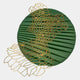 The Auramesh Forest Green-I Metal Winged Circular Geometric Wall Art by Giant Sculptures features a pleated forest green circle overlaid with an intricate gold mesh lattice that extends beyond one edge, creating an elegant focal point.