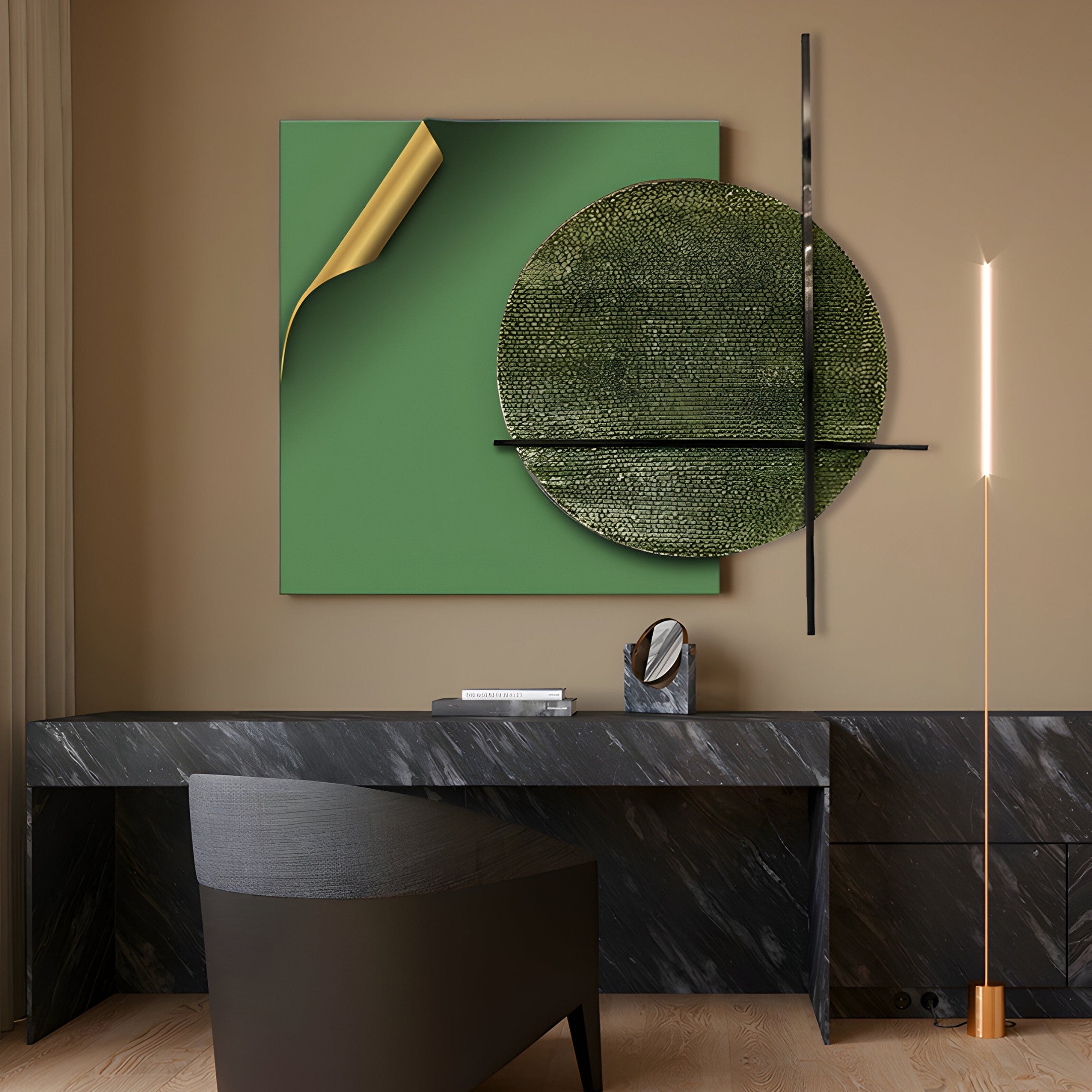 A modern room featuring a Tesselle Green Metal Fold & Textured Geometric Wall Art by Giant Sculptures, complemented by a sleek black marble desk, gray chair, and tall floor lamp with a glowing strip. Beige walls and light wood flooring enhance the minimalist look with textured surfaces adding depth.