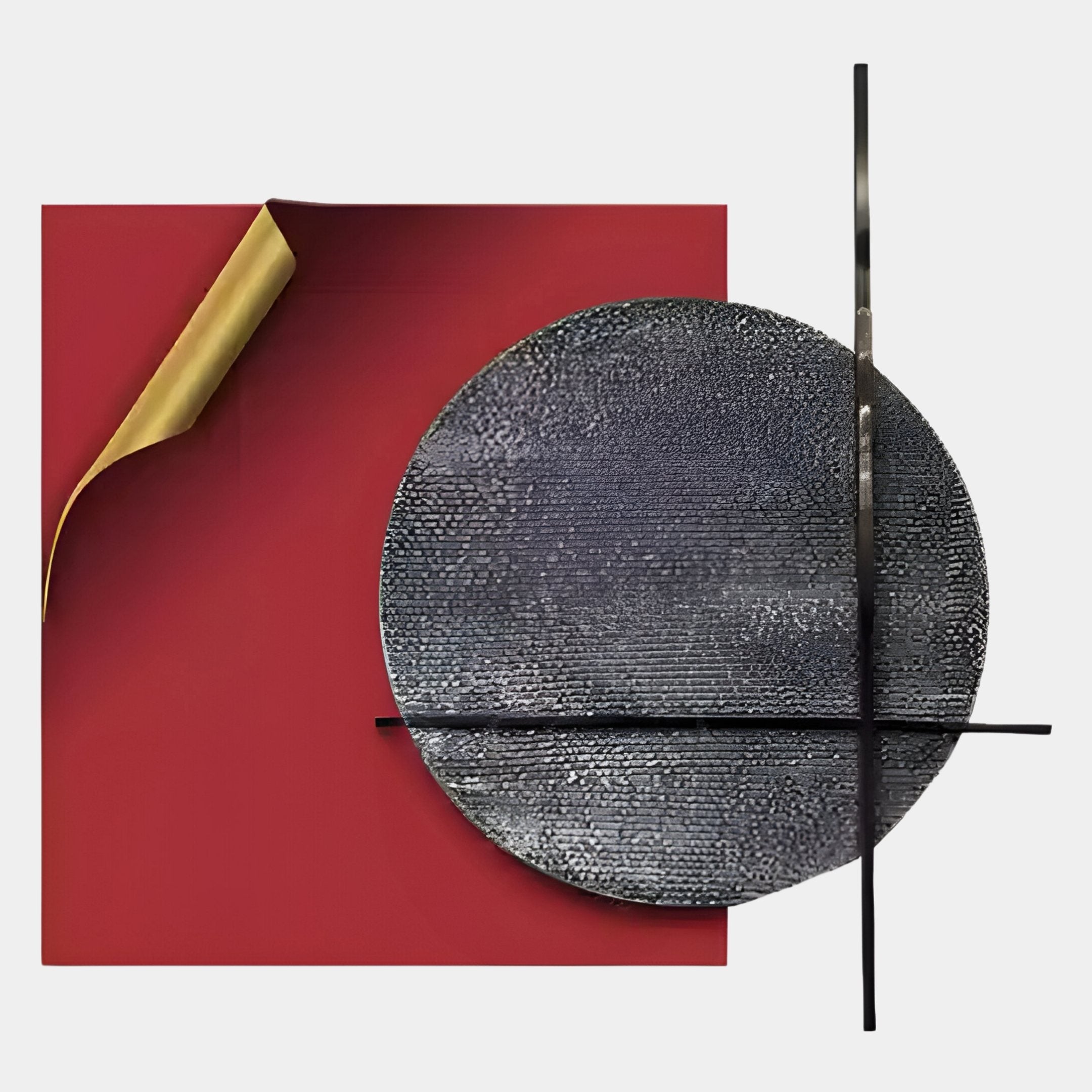 Tesselle Red Metal Fold & Grey Textured Geometric Wall Art by Giant Sculptures features a red square with a gold-tipped fold, dark gray textured circle, and black lines—ideal for modern or minimalist spaces against a light background.