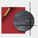 Tesselle Red Metal Fold & Grey Textured Geometric Wall Art by Giant Sculptures features a red square with a gold-tipped fold, dark gray textured circle, and black lines—ideal for modern or minimalist spaces against a light background.