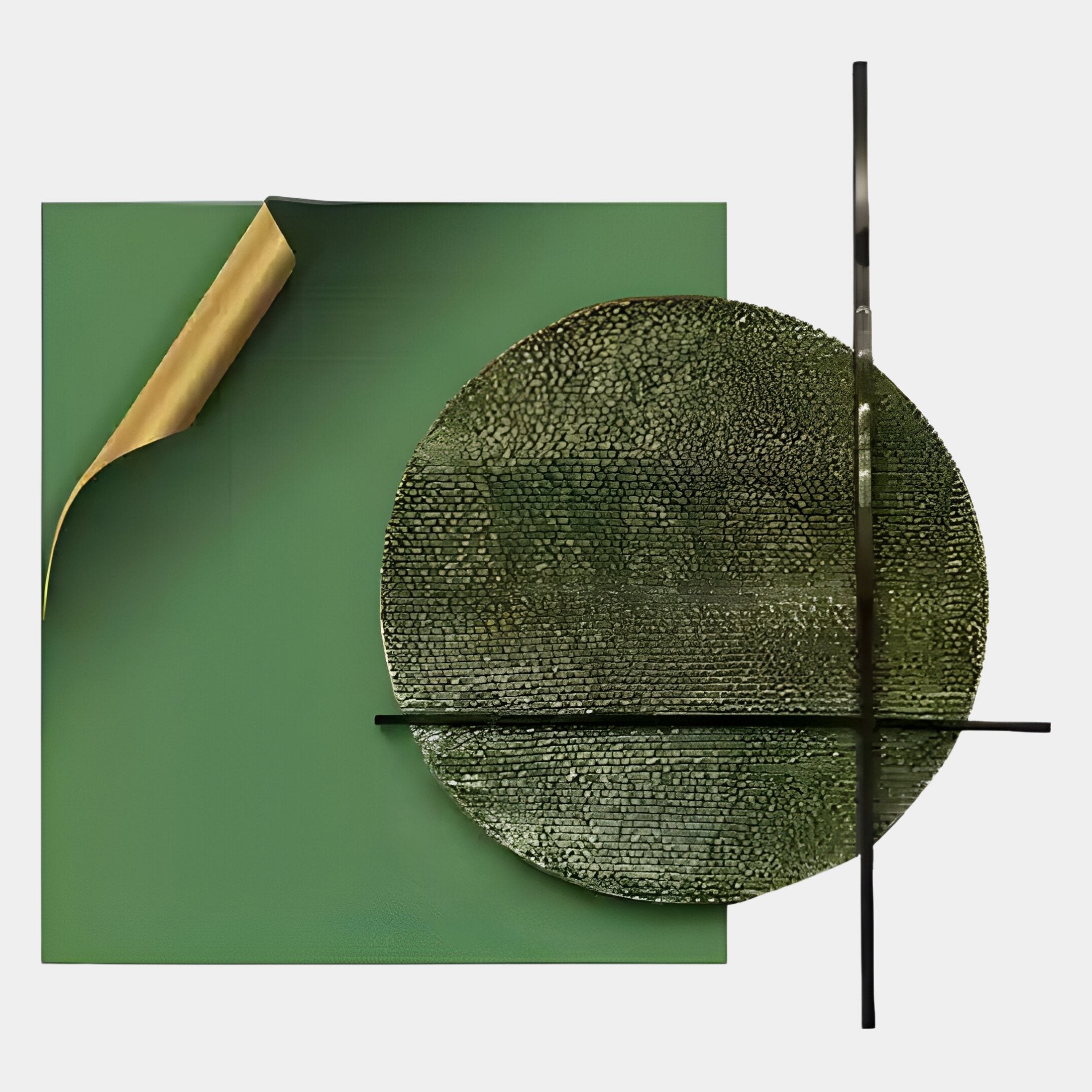 The Giant Sculptures Tesselle Green Metal Fold & Textured Geometric Wall Art features a green square with a curled gold corner, a textured green circle overlapping it, and two thin black lines intersecting the circle vertically and horizontally.