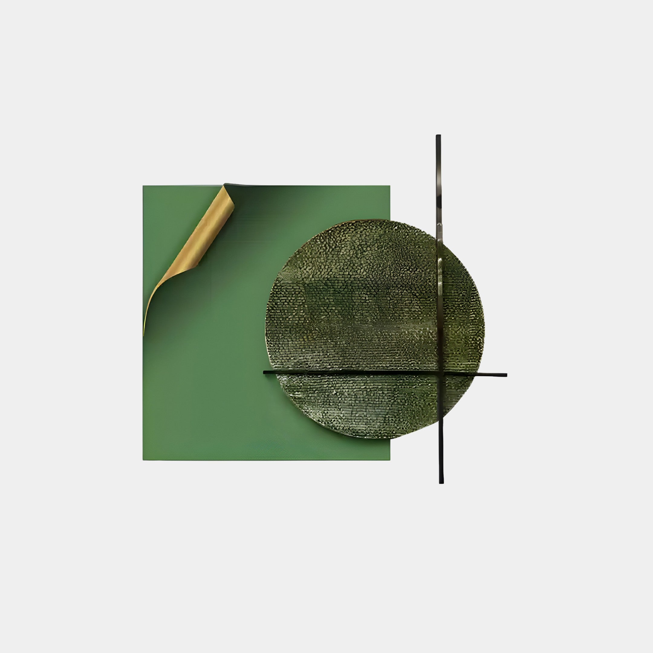 The Tesselle Green Metal Fold & Textured Geometric Wall Art by Giant Sculptures showcases an abstract design with a green square and gold curled corner on a textured green circle, intersected by two thin black lines for a minimalist geometric appeal.