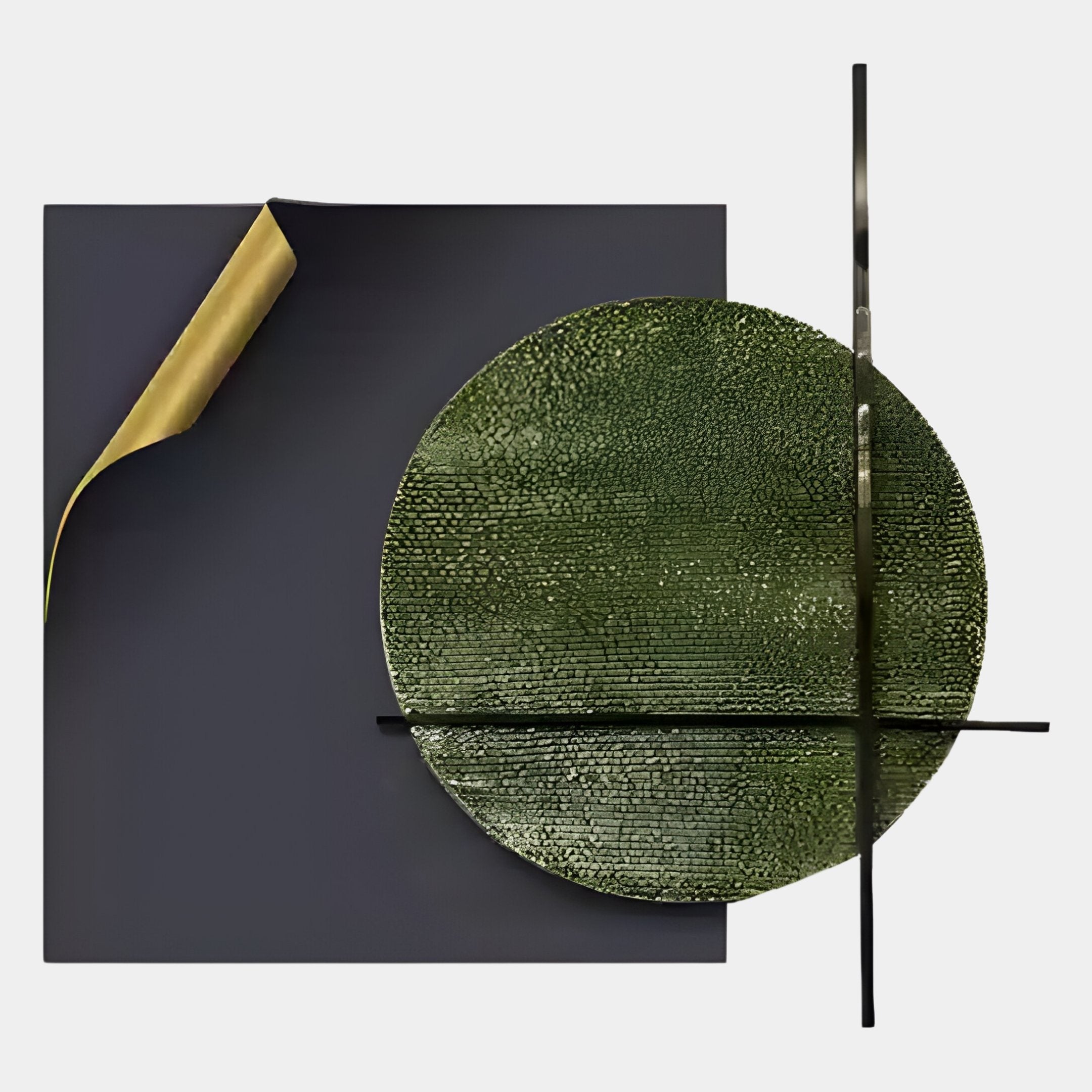 Tesselle Black Metal Fold & Green Textured Geometric Wall Art by Giant Sculptures features a green textured circle with black lines on a dark square and gold corner peel, adding contemporary elegance to any modern space.