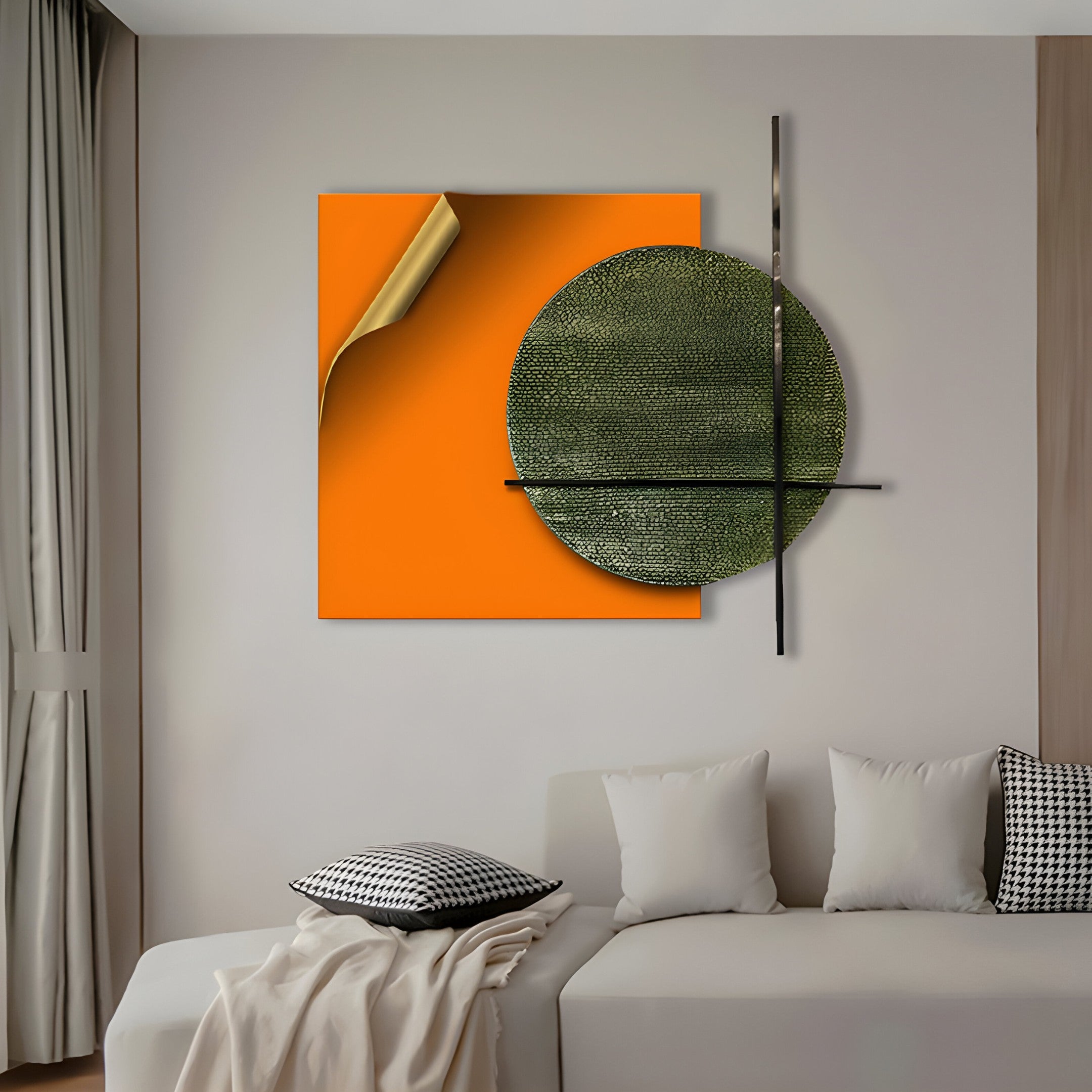 A modern living room features a bed with white and patterned cushions. Tesselle Orange Metal Fold & Green Textured Geometric Wall Art by Giant Sculptures adorns the wall. Neutral curtains frame a window, enhancing the contemporary look of the space.