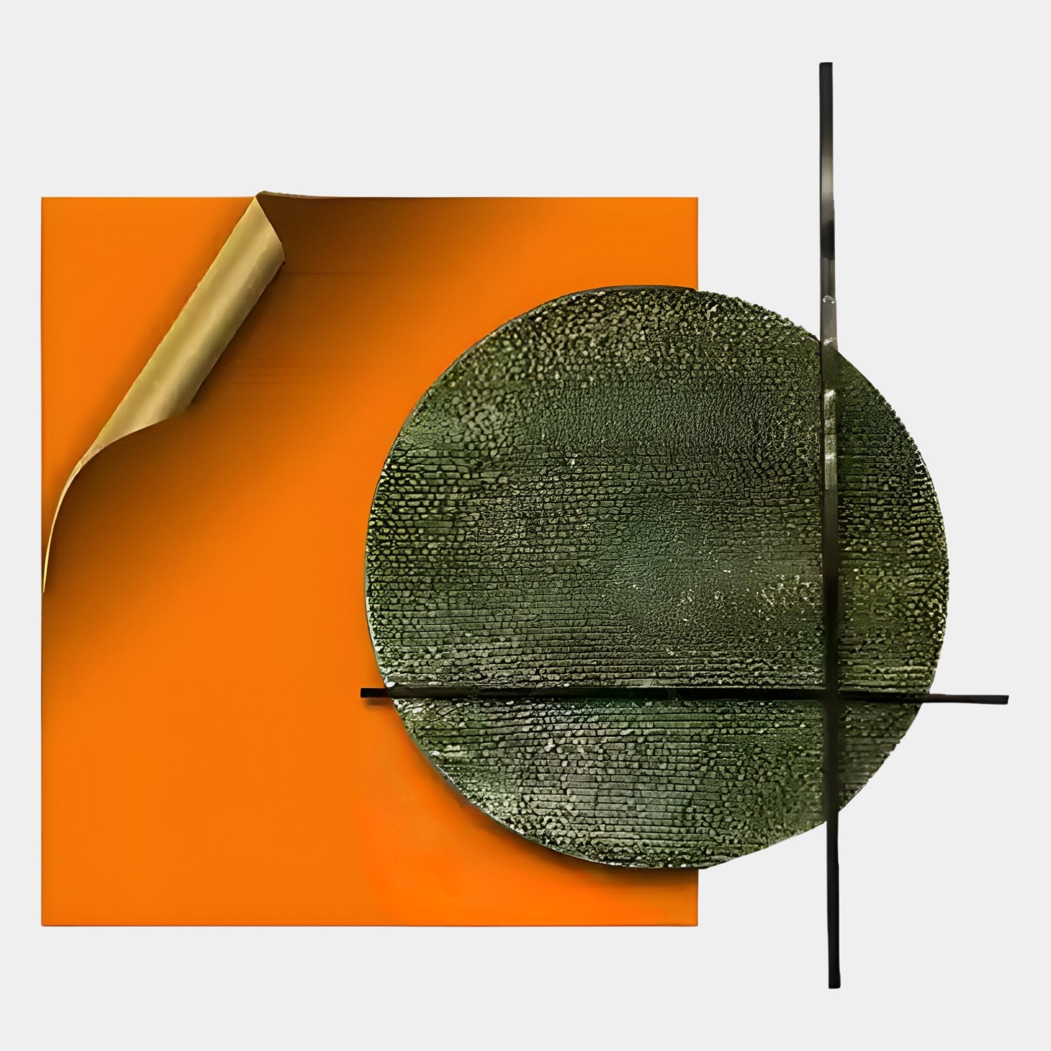 The Tesselle Orange Metal Fold & Green Textured Geometric Wall Art by Giant Sculptures features an orange square with a gold fold, a textured green circle, and black lines on light gray—ideal for modern spaces.