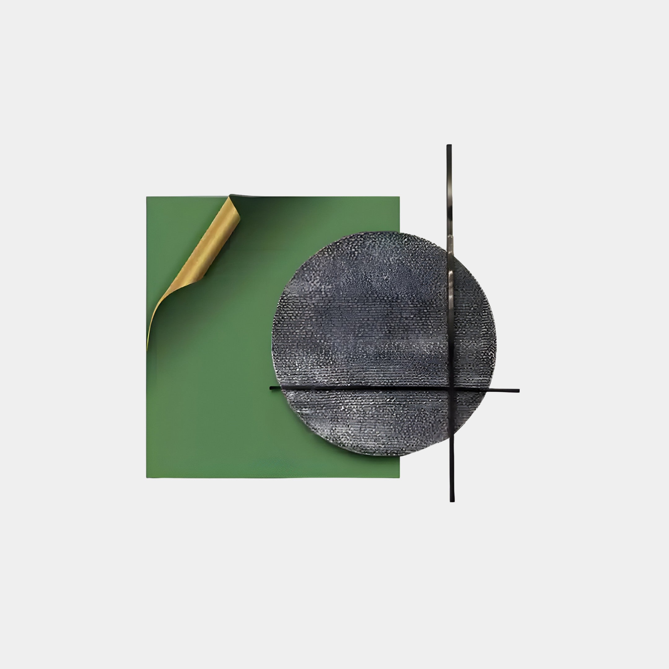 The Tesselle Green Metal Fold & Grey Textured Geometric Wall Art by Giant Sculptures features a green square with a gold-curled corner, overlaid by a textured gray circle and intersecting black lines, creating a modern abstract design.