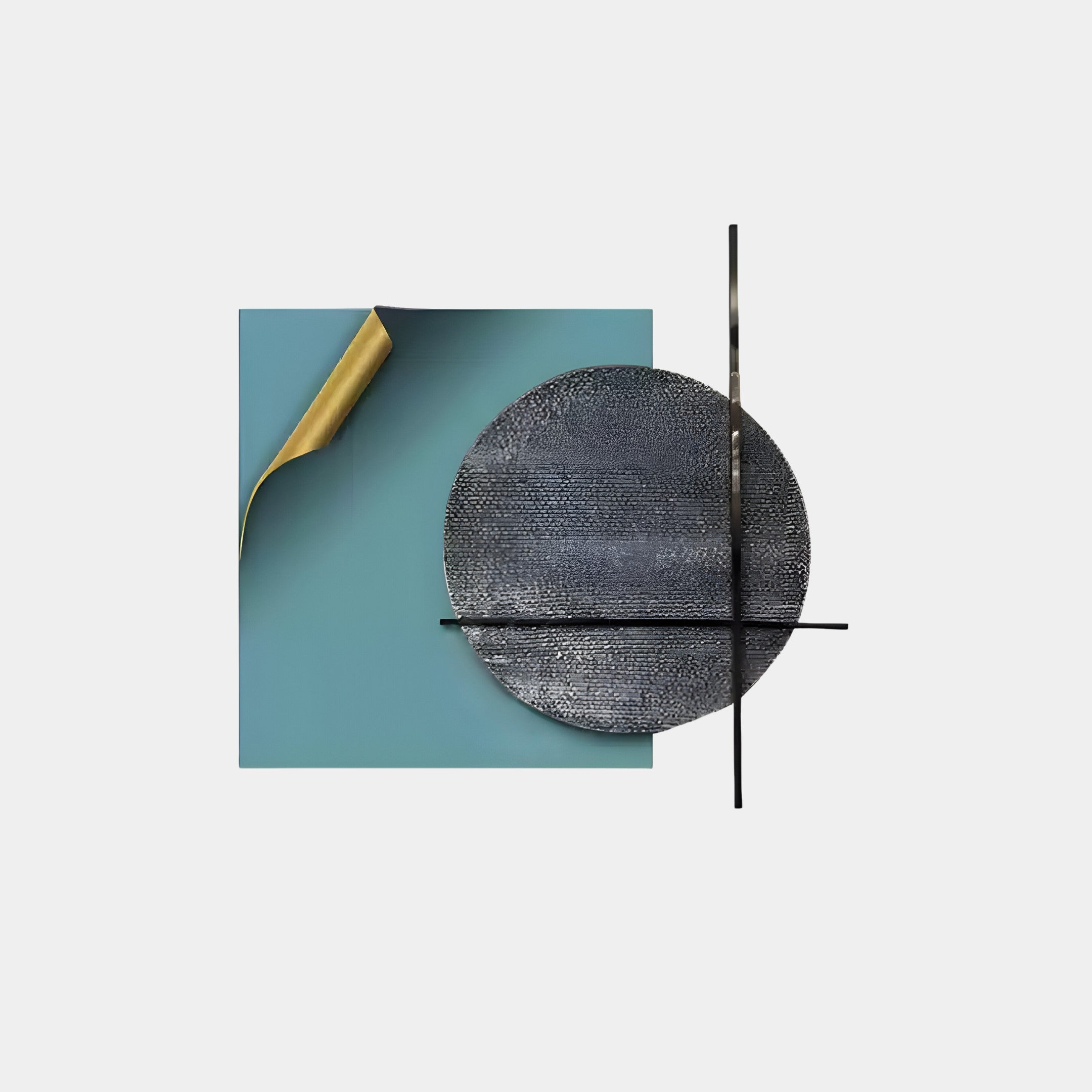 The Giant Sculptures Tesselle Blue Metal Fold & Grey Textured Geometric Wall Art features a silver circle intersected by black lines beside a teal square with a golden corner on a light gray backdrop, offering an industrial style charm.