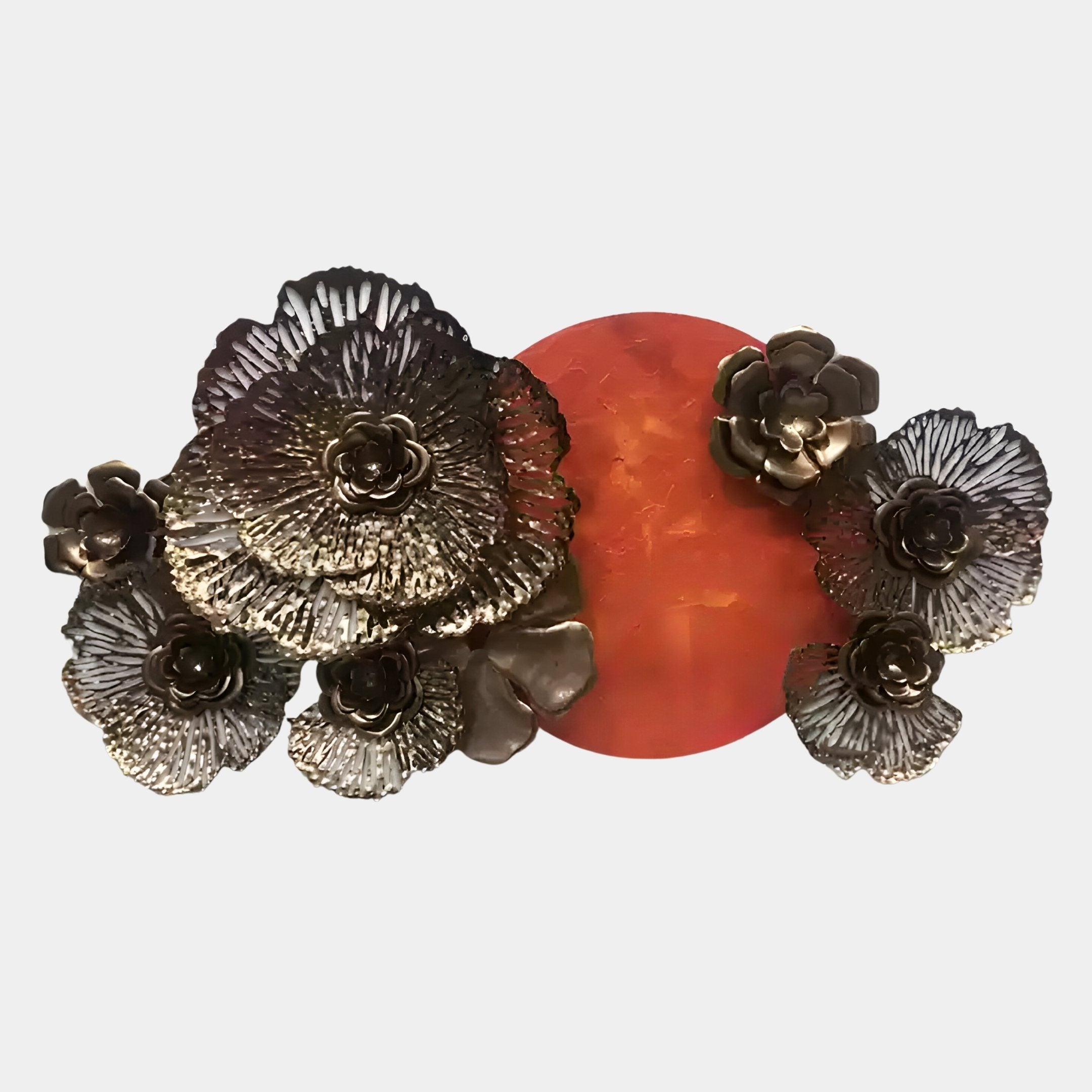 The Luminis Bloom Red Floral Metal Wall Art by Giant Sculptures features bronze and gold flowers on an earthy red sun-inspired backdrop, creating a decorative, textured centerpiece for your wall.