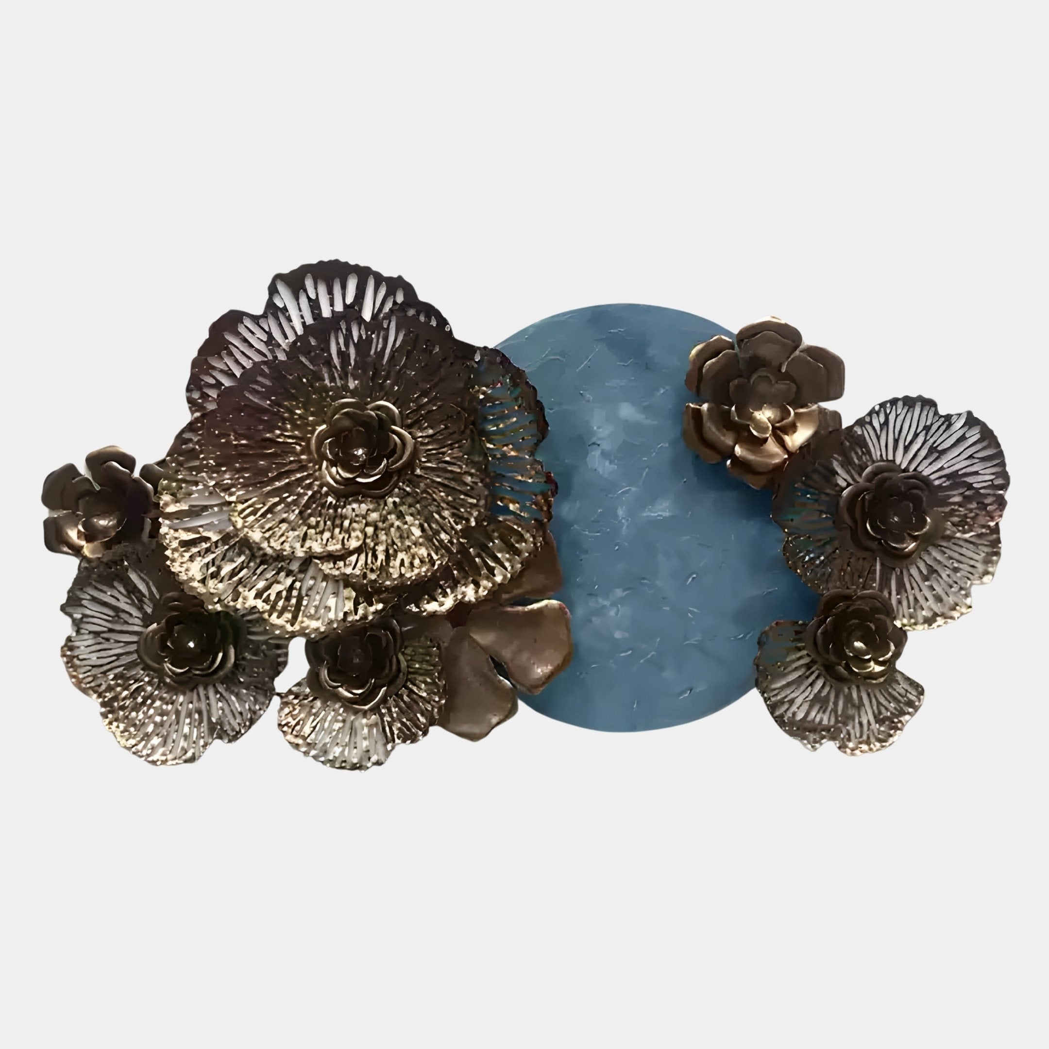 Metallic bronze and gold flowers with detailed petals surround a textured blue circle, creating the elegant Luminis Bloom Blue Floral Metal Wall Art by Giant Sculptures.