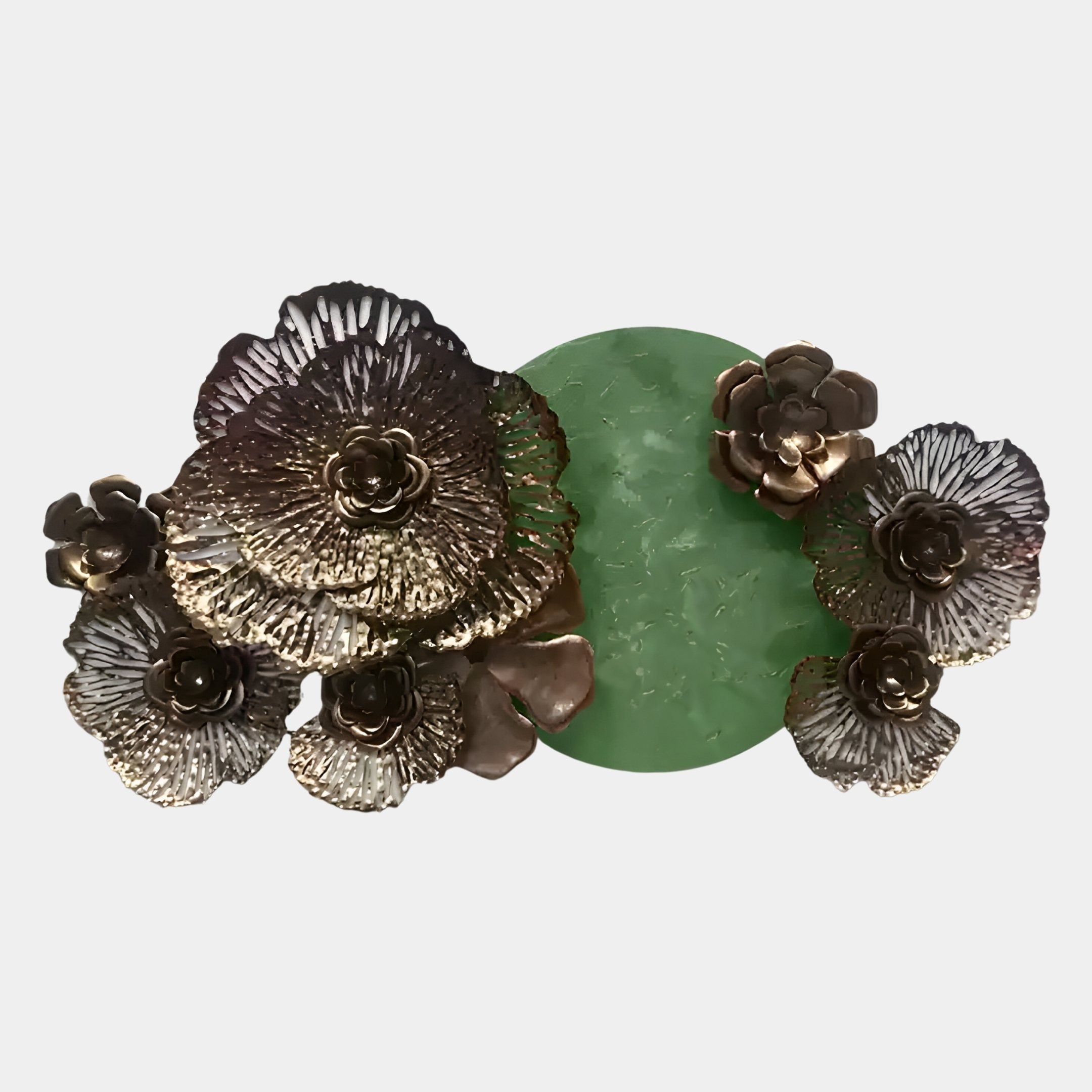 The Luminis Bloom Green Floral Metal Wall Art by Giant Sculptures features metallic gold and bronze flowers around a textured green centerpiece, making it a striking, nature-inspired décor piece for any space.