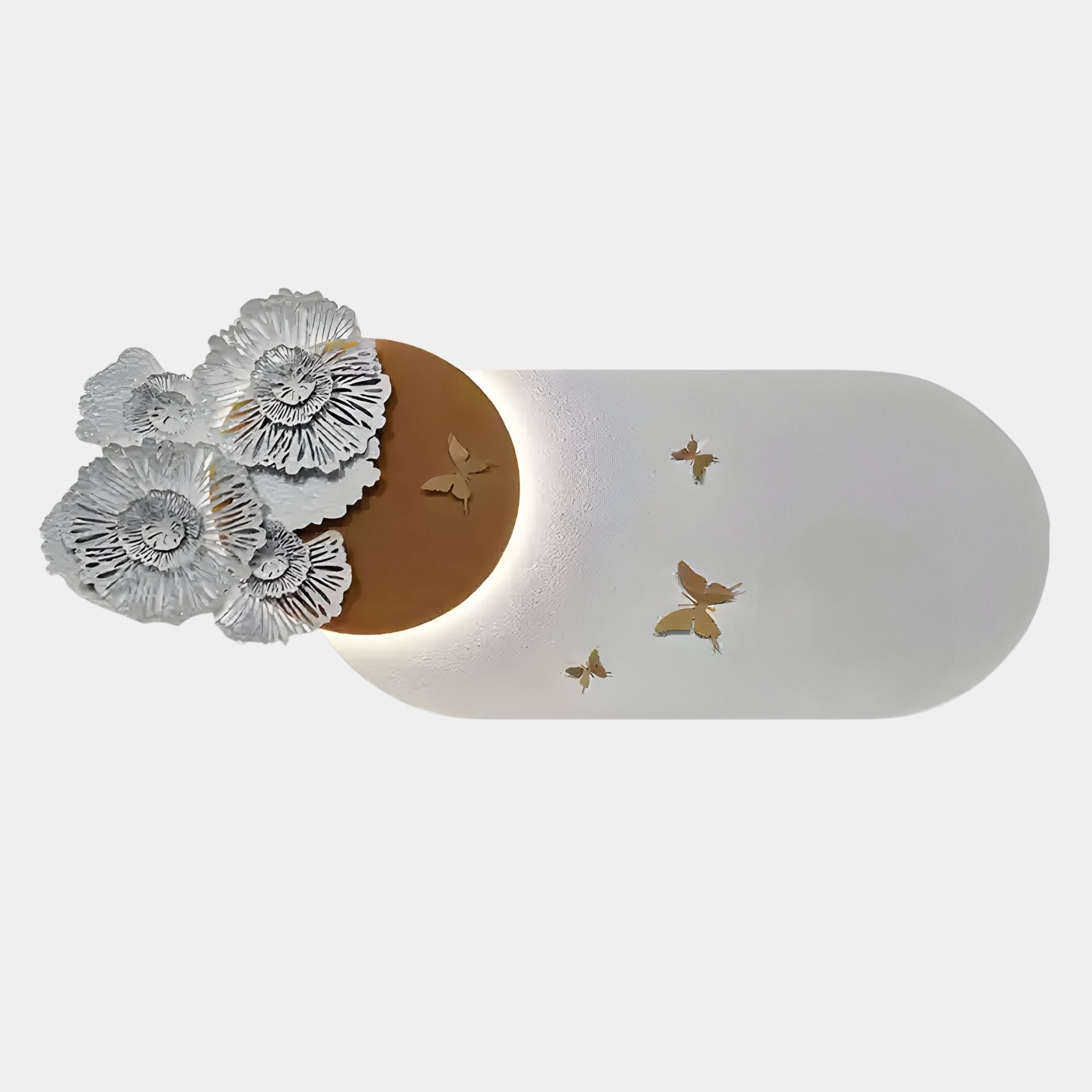 The Flutter Bloom Gold Butterfly Floral 3D Wall Art by Giant Sculptures features white sculpted flowers on the left, a central gold circle with butterfly cutouts, and extra gold butterflies on a rounded rectangular white background.