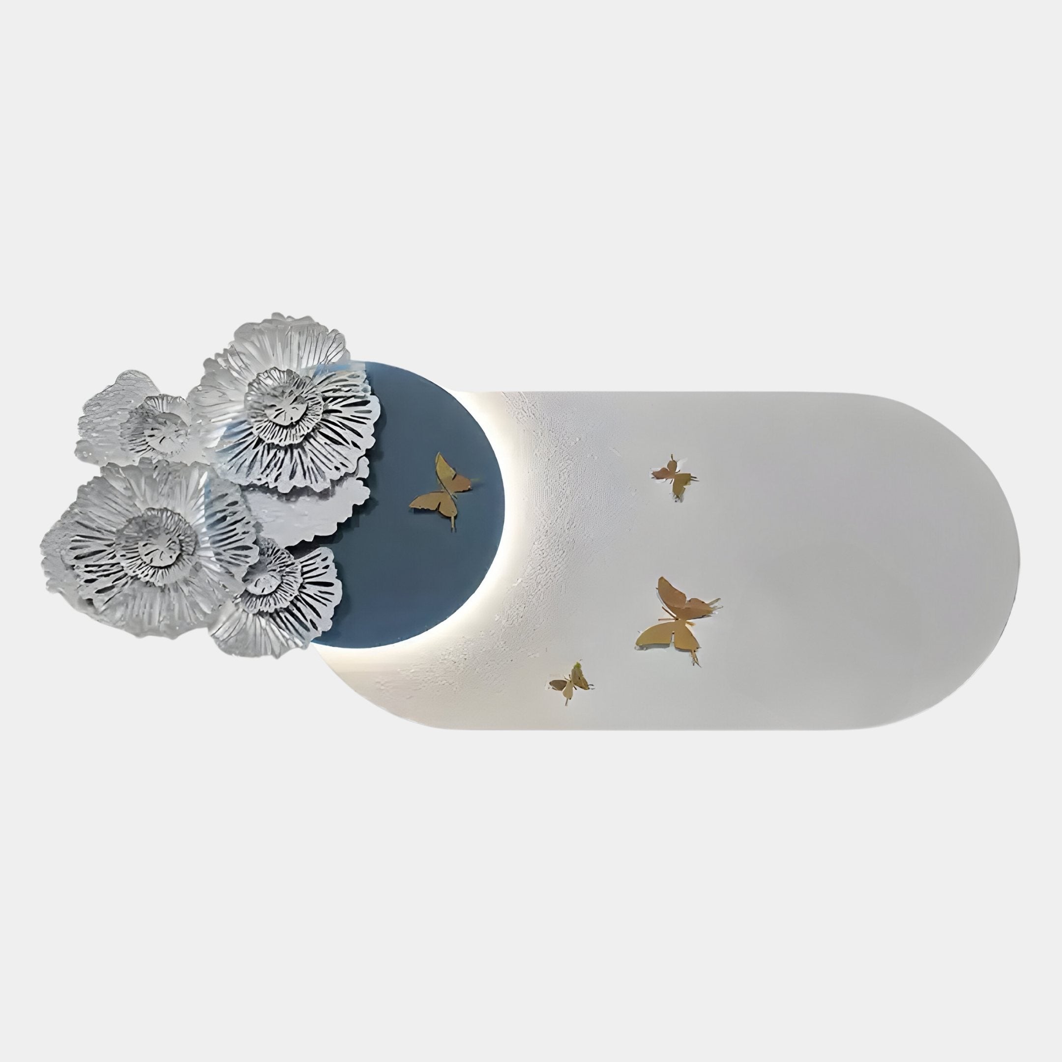 Flutter Bloom Blue Butterfly Floral 3D Wall Art by Giant Sculptures showcases white textured flowers and gold butterflies on a blue semi-circle illuminated oval, creating stunning LED-lit 3D wall decor for any light background.