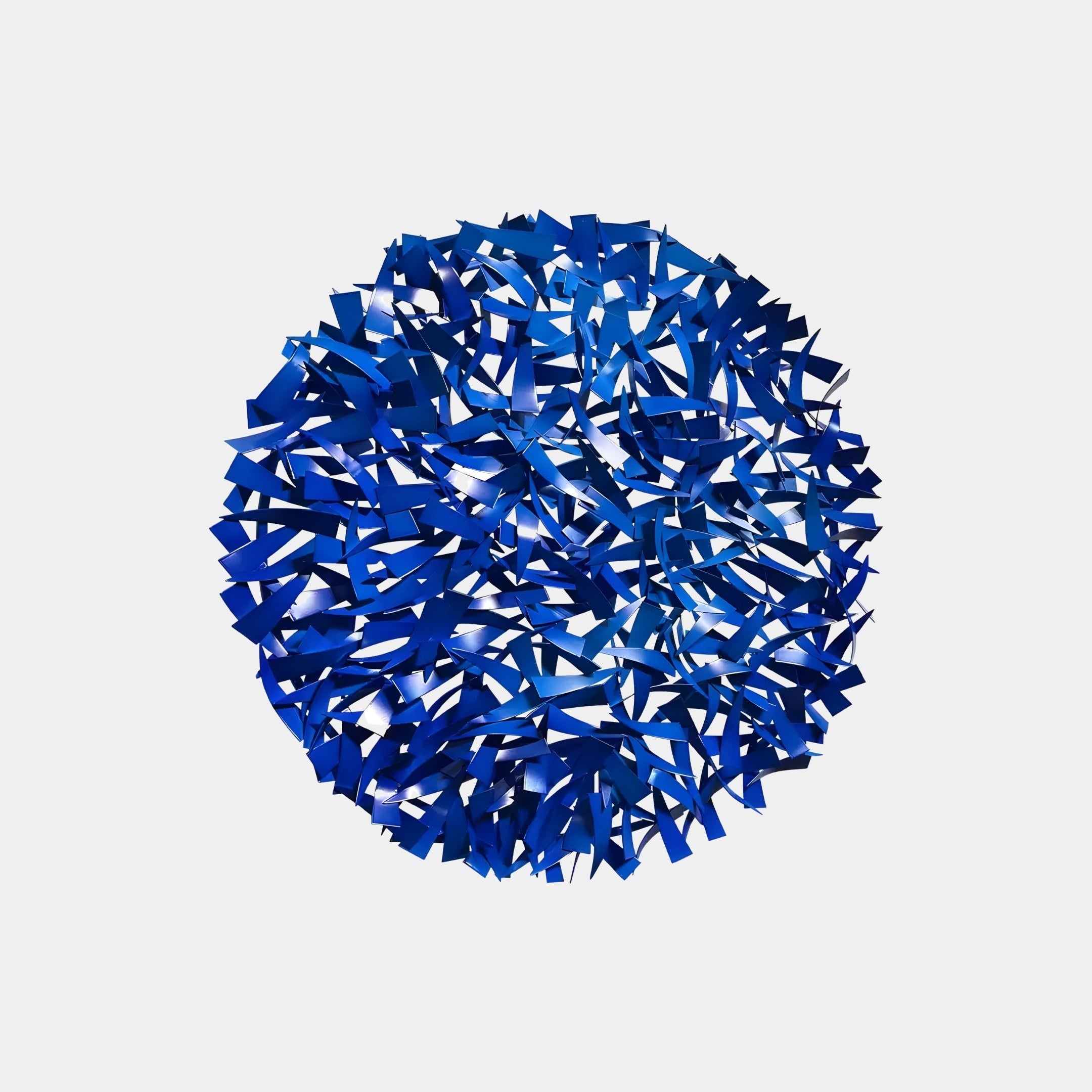 The Eclat Sphere Blue Abstract Metal Wall Art by Giant Sculptures features a modern statement piece with intricate spherical interwoven cobalt blue ribbons against a white background.