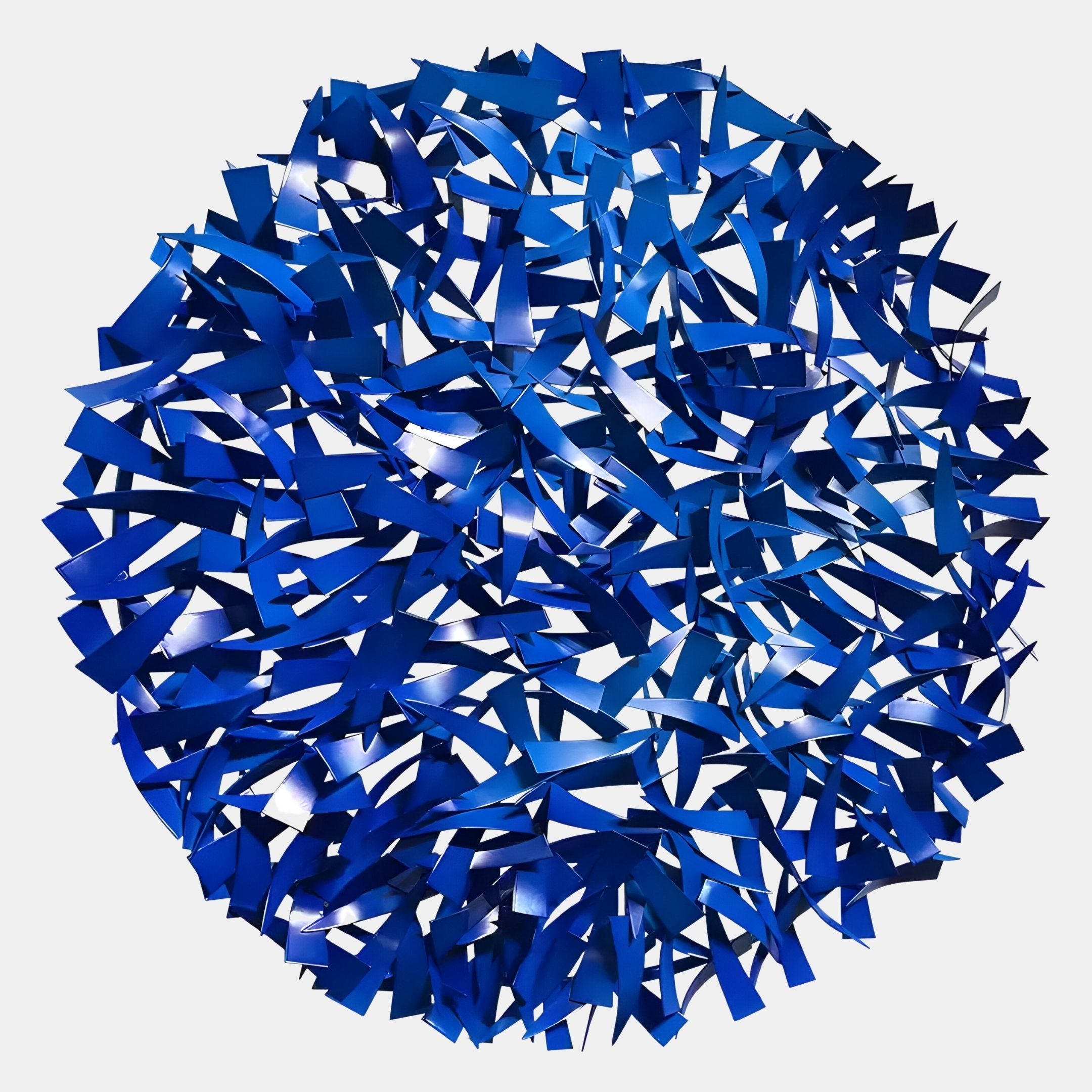 The Eclat Sphere Blue Abstract Metal Wall Art by Giant Sculptures features overlapping angular blue strips in varied shades, creating a striking, modern 3D design—ideal as bold decor against white walls.