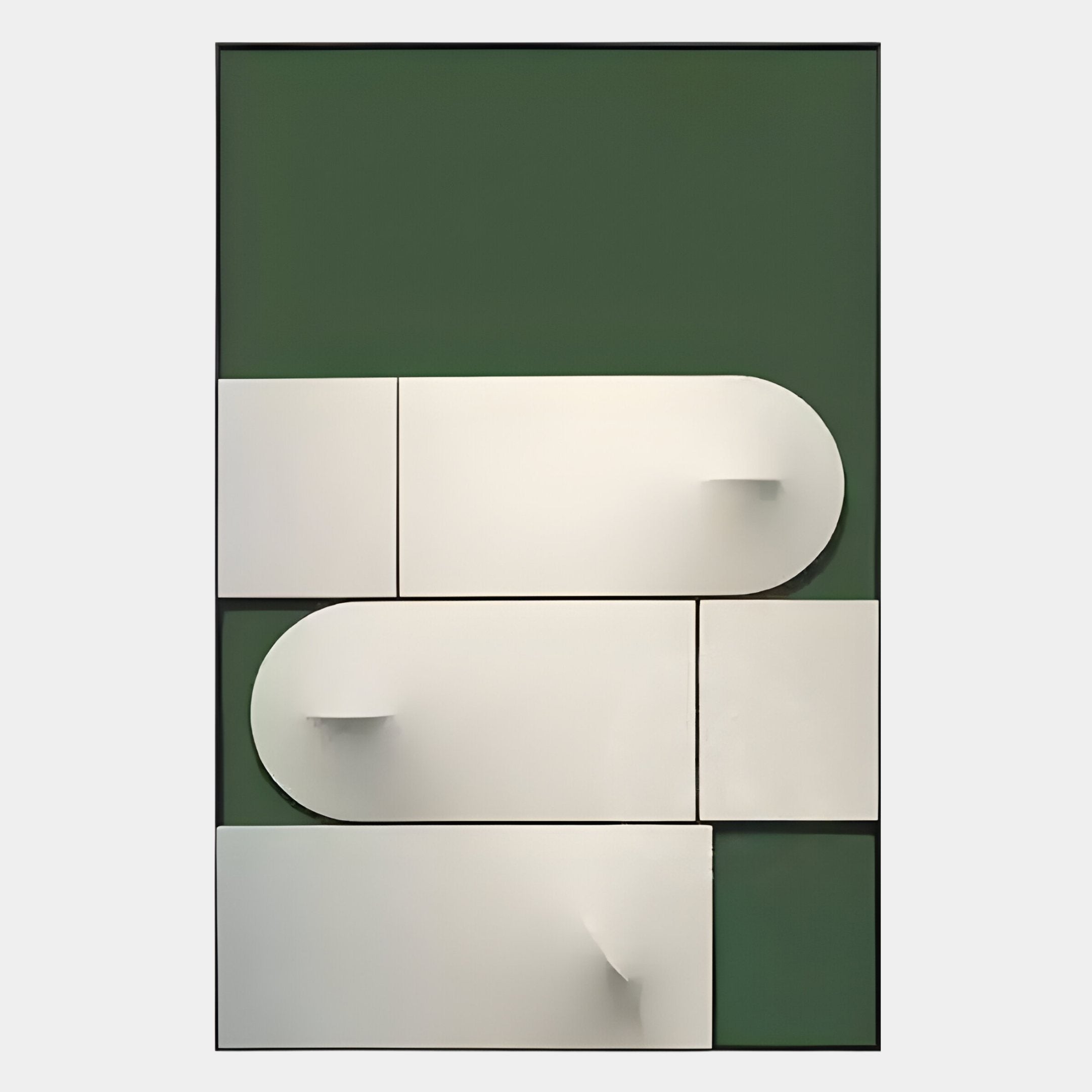 The Opus Green Rounded Geometric Leather 3D Wall Art by Giant Sculptures features four white geometric forms with rounded edges and protrusions on a dark green backdrop, creating a modern, minimalist statement for contemporary spaces.
