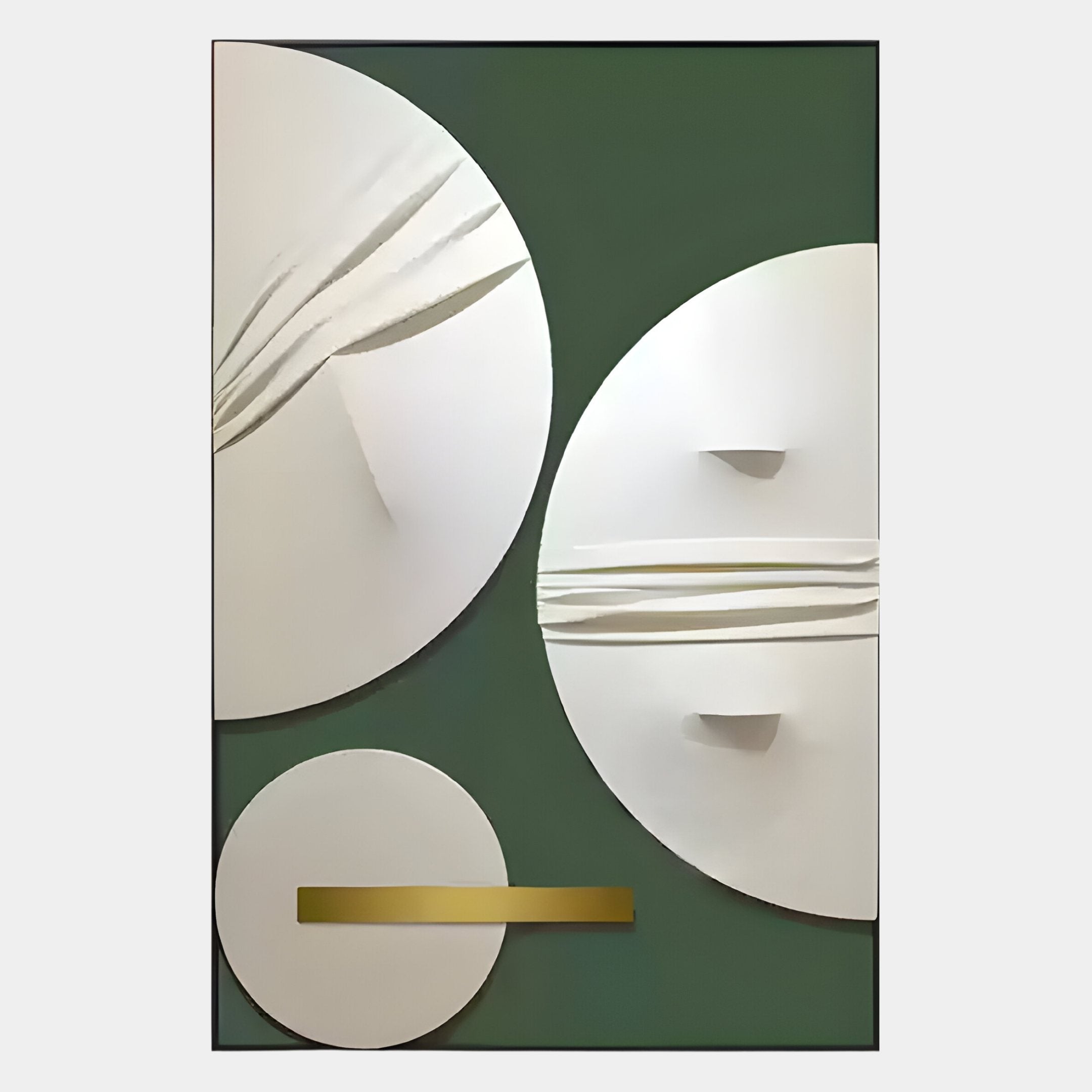 The Opus Green & Gold Accent Circular Geometric Leather 3D Wall Art by Giant Sculptures showcases three large white circles, a small circle, and a gold bar on dark green for a luxurious contemporary look.
