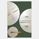 The Opus Green & Gold Accent Circular Geometric Leather 3D Wall Art by Giant Sculptures showcases three large white circles, a small circle, and a gold bar on dark green for a luxurious contemporary look.