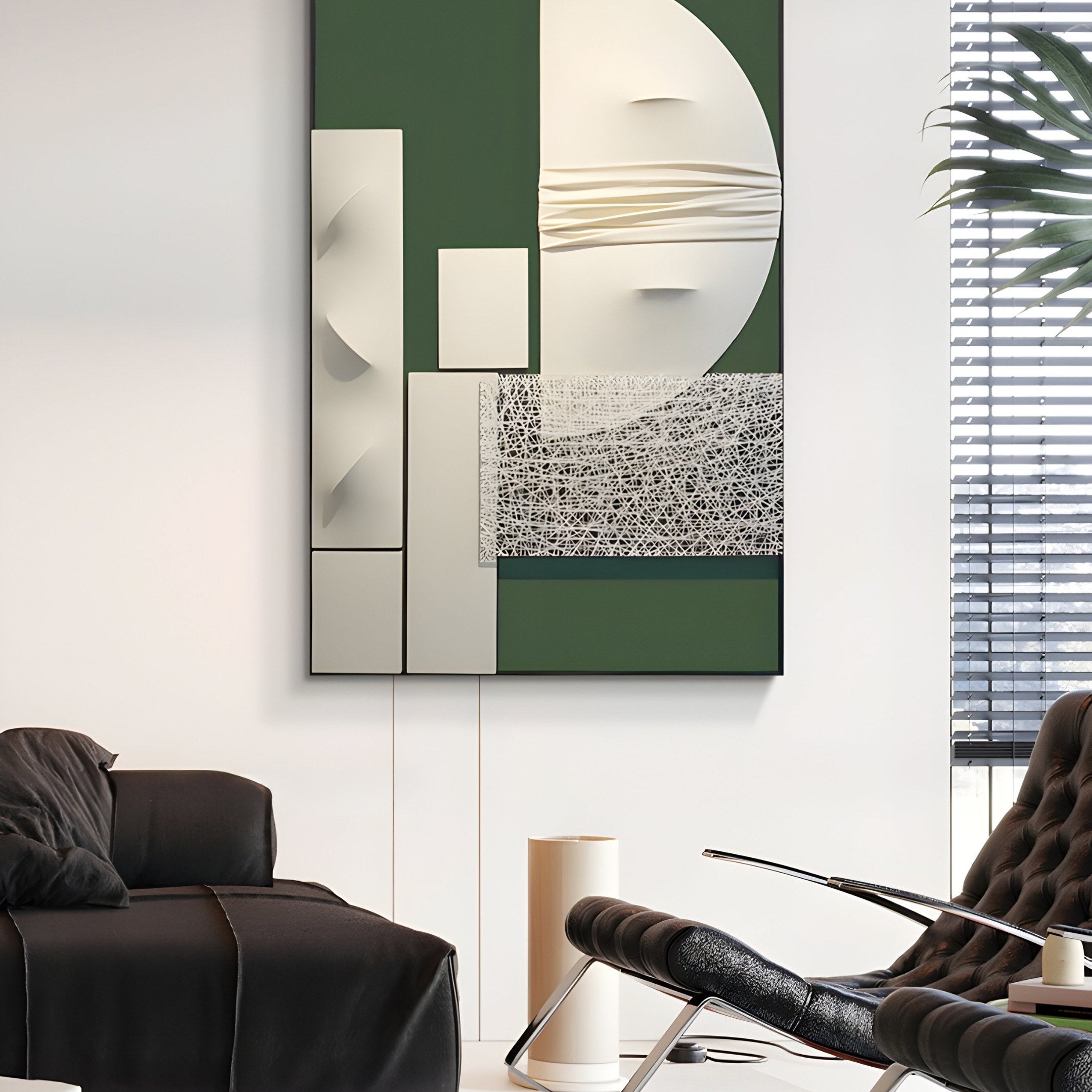 A modern living room features the captivating Opus Green & White Geometric Web Textured Leather 3D Wall Art by Giant Sculptures, complemented by a sleek black sofa, a leather-textured chair, a cylindrical light fixture, and blinds that gently filter the incoming light.