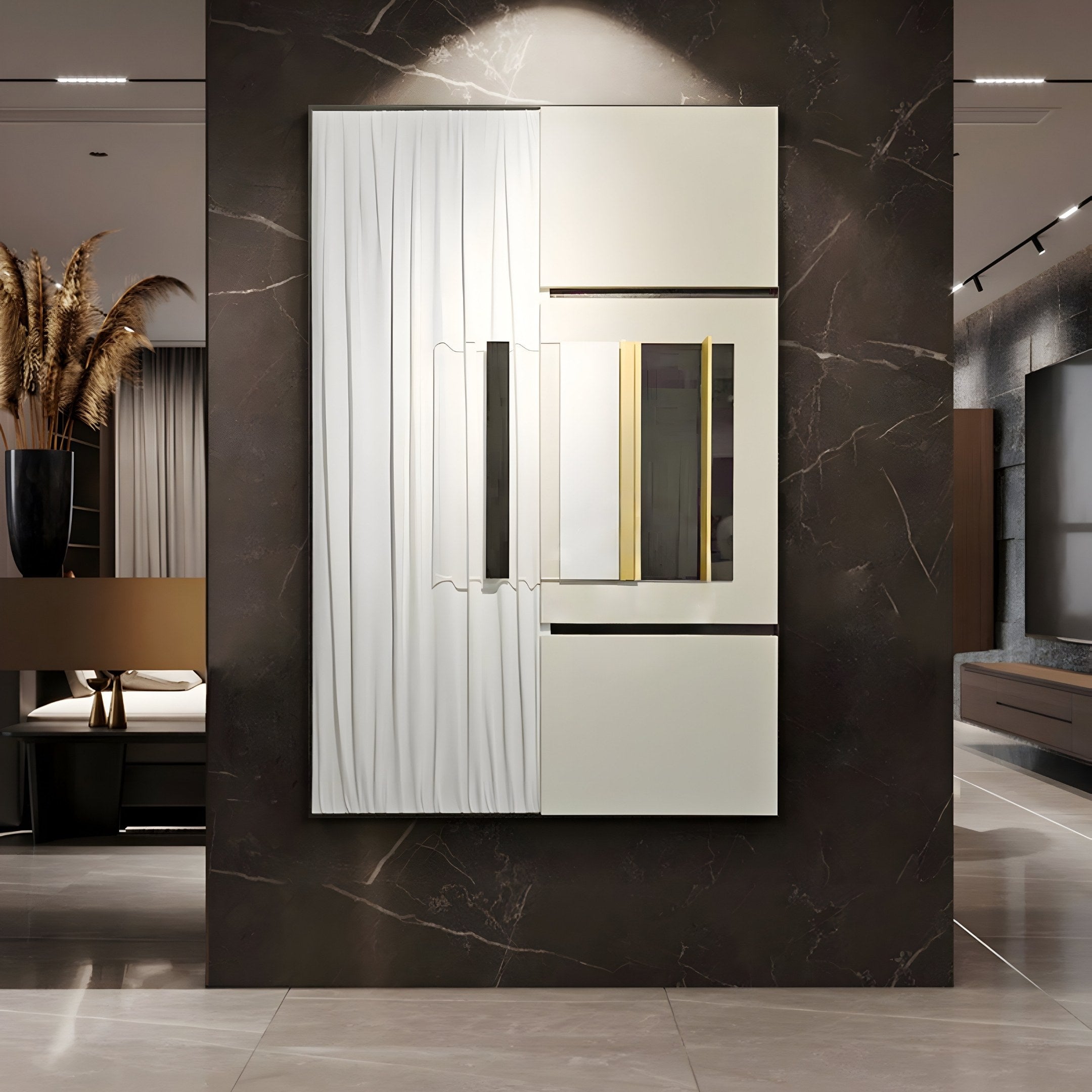 A modern elegance interior highlights Giant Sculptures Opus White & Gold Accent Abstract Panel Leather 3D Wall Art against a dark marble wall, with a vase of dried pampas grass on a side table enhancing the chic ambiance.