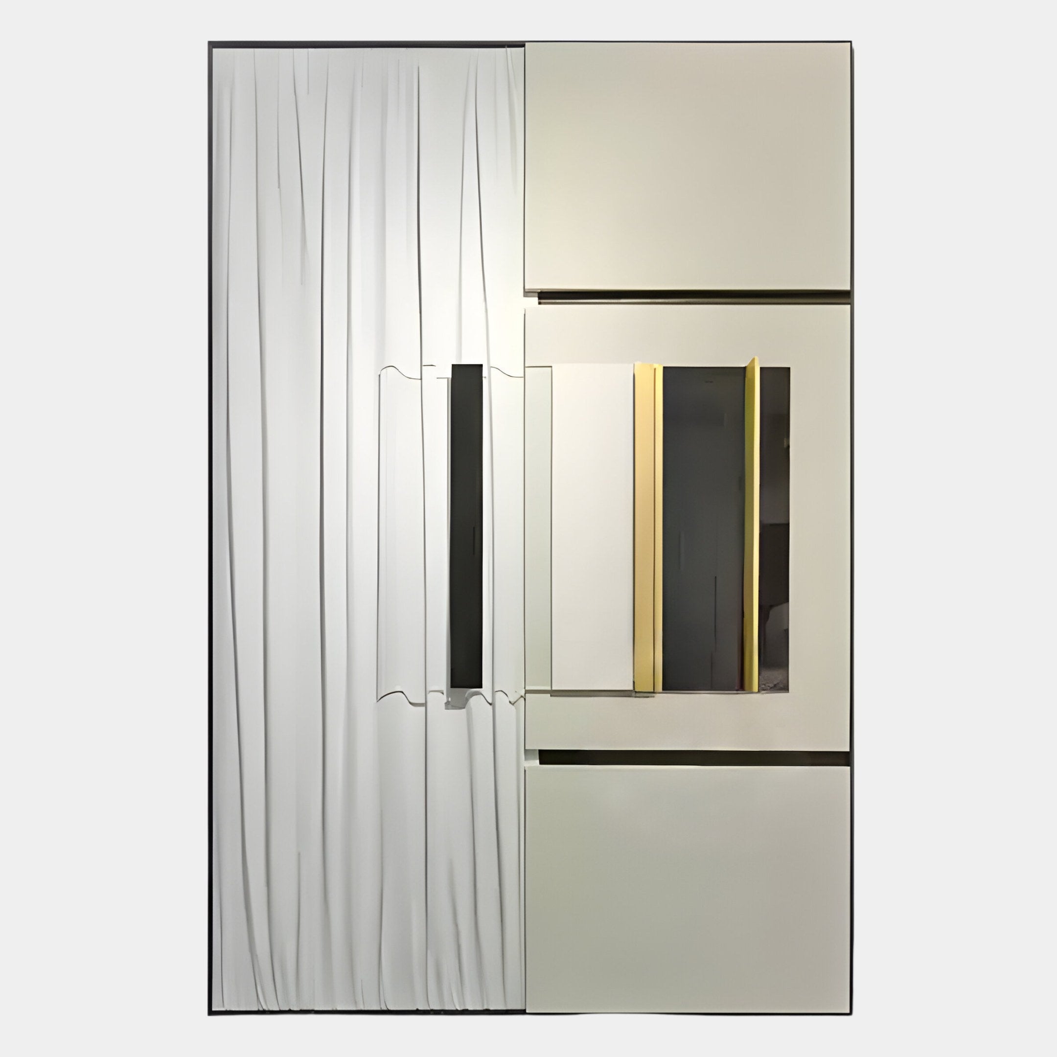 Opus White & Gold Accent Abstract Panel Leather 3D Wall Art by Giant Sculptures features smooth beige and white textures, vertical lines, a mirror, and bold gold, black, and grey accents for a modern look.