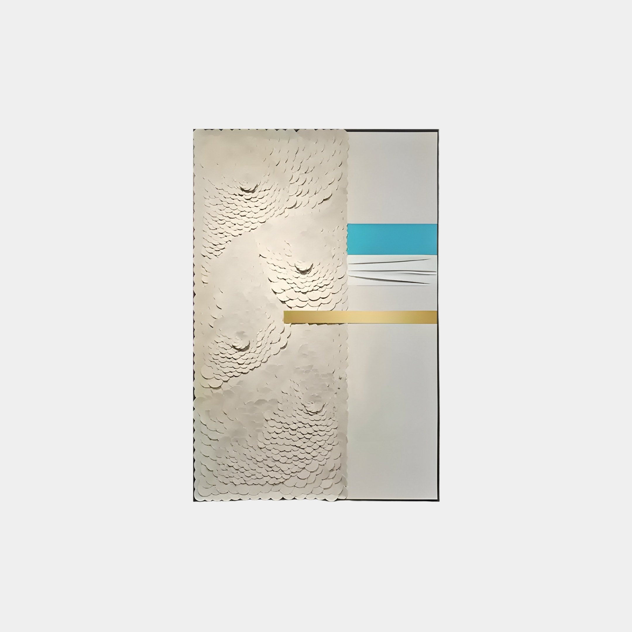 The Opus White & Gold Accent Scaled Textured Leather 3D Wall Art by Giant Sculptures showcases modern sophistication with a left panel of white scalloped shapes and a right panel of turquoise, white, and gold horizontal bands that captivate the eye.