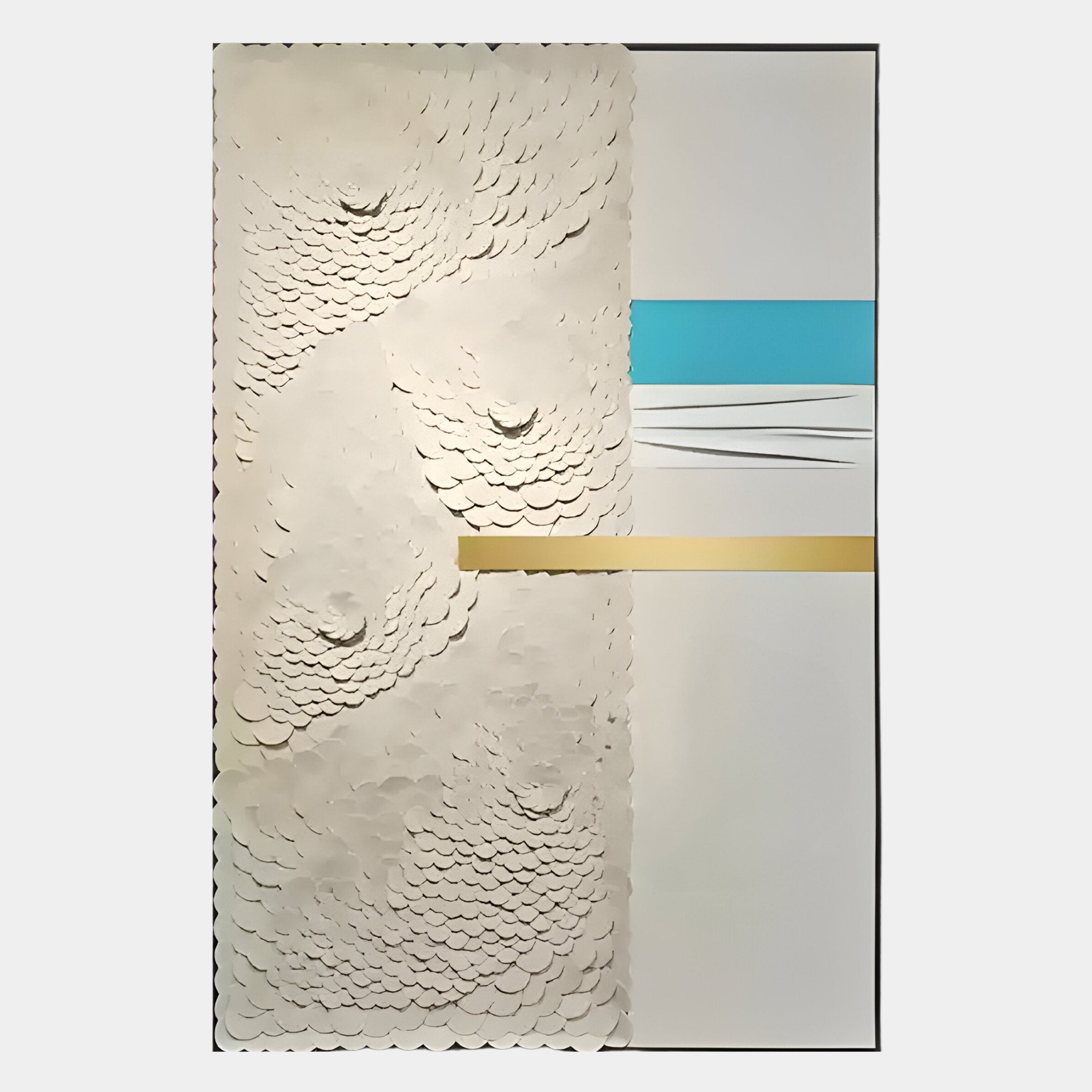 The Opus White & Gold Accent Scaled Textured Leather 3D Wall Art by Giant Sculptures features layered white scales on the left and horizontal blue, white, and gold bars with gold accents and slits on the right against a plain backdrop.