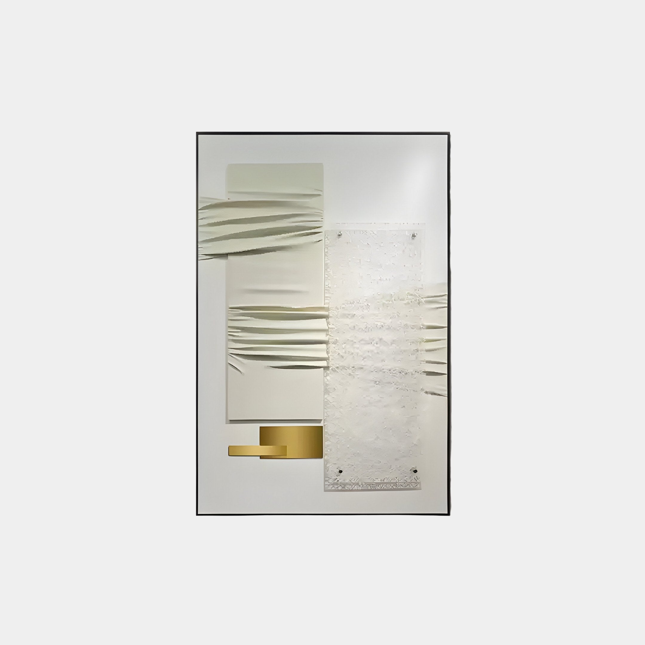 The Opus White & Gold Accent Layered Geometric Leather 3D Wall Art by Giant Sculptures is a modern decor piece with layered textures. White fragmented layers sit horizontally on the left, while a lace-like vertical panel is to the right, set against a light background with a metallic gold rectangle at the bottom.