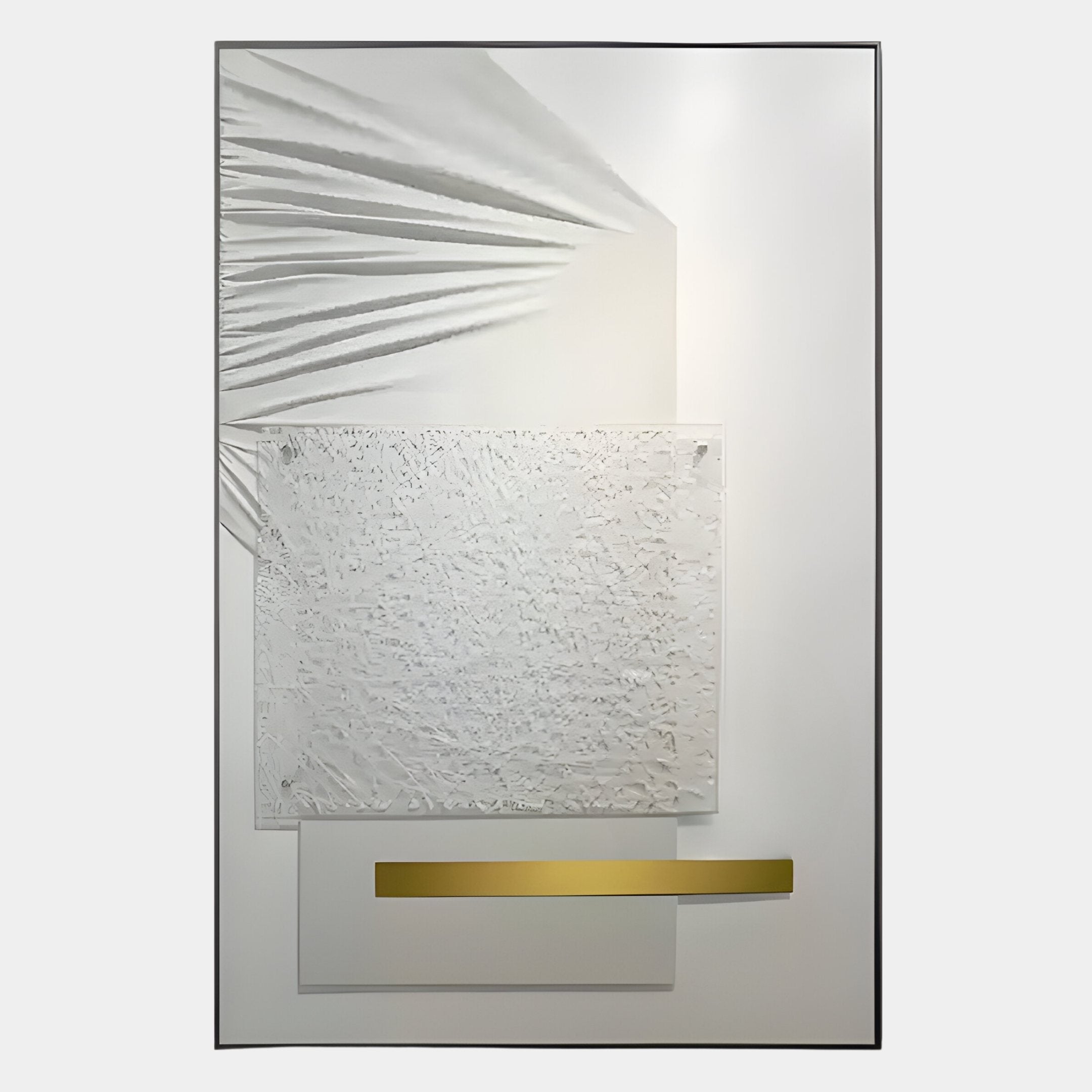 The Opus White & Gold Accent Clean Geometric Leather 3D Wall Art by Giant Sculptures features textured white shapes, a draped effect, center leather details, and a gold bar—ideal for modern interiors on a plain white background.