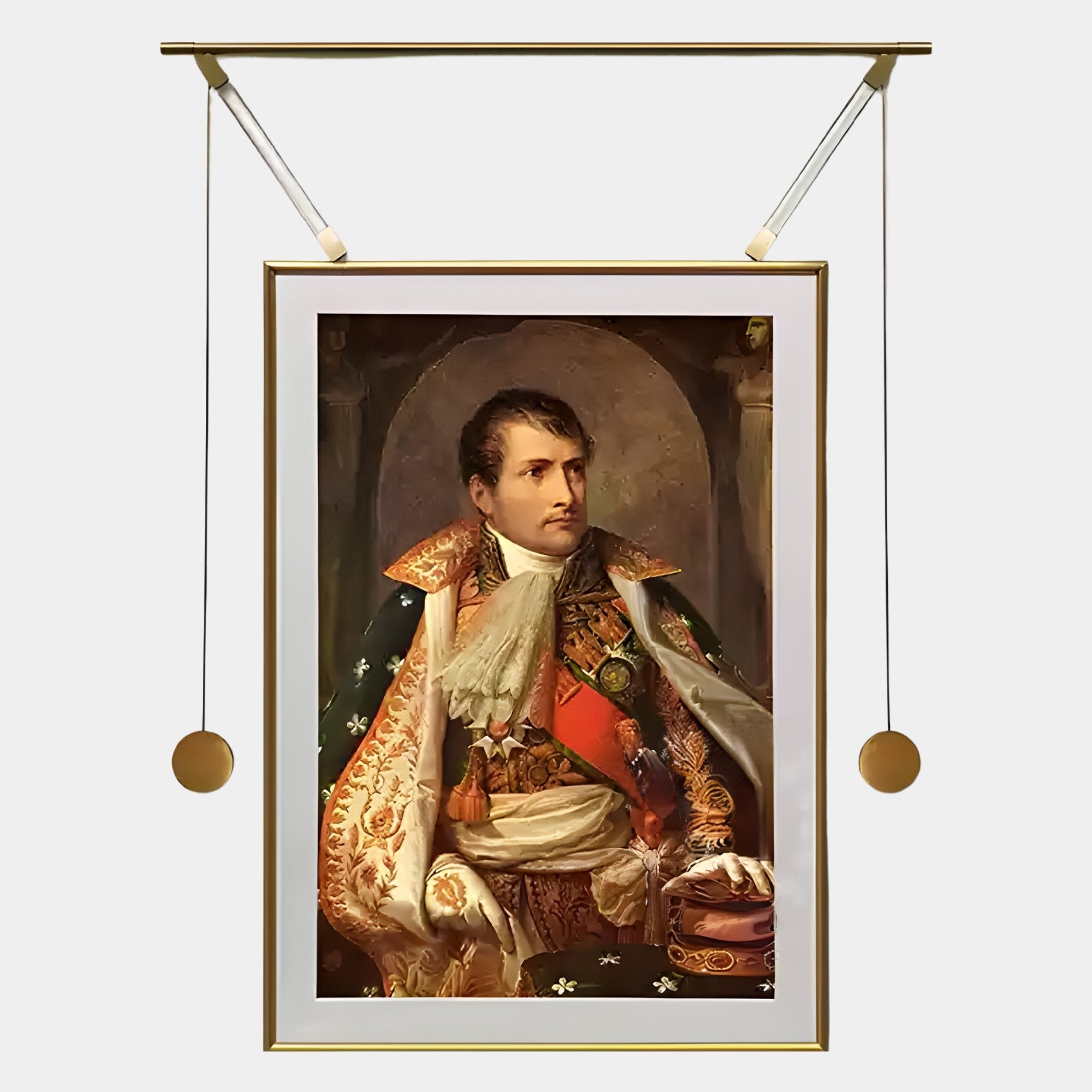 The Aristo Napoleon Portrait Painting Gold Frame Hanging Wall Art by Giant Sculptures features a realistic depiction of Napoleon in regal attire, displayed in a striking gold frame with a modern hanging system.