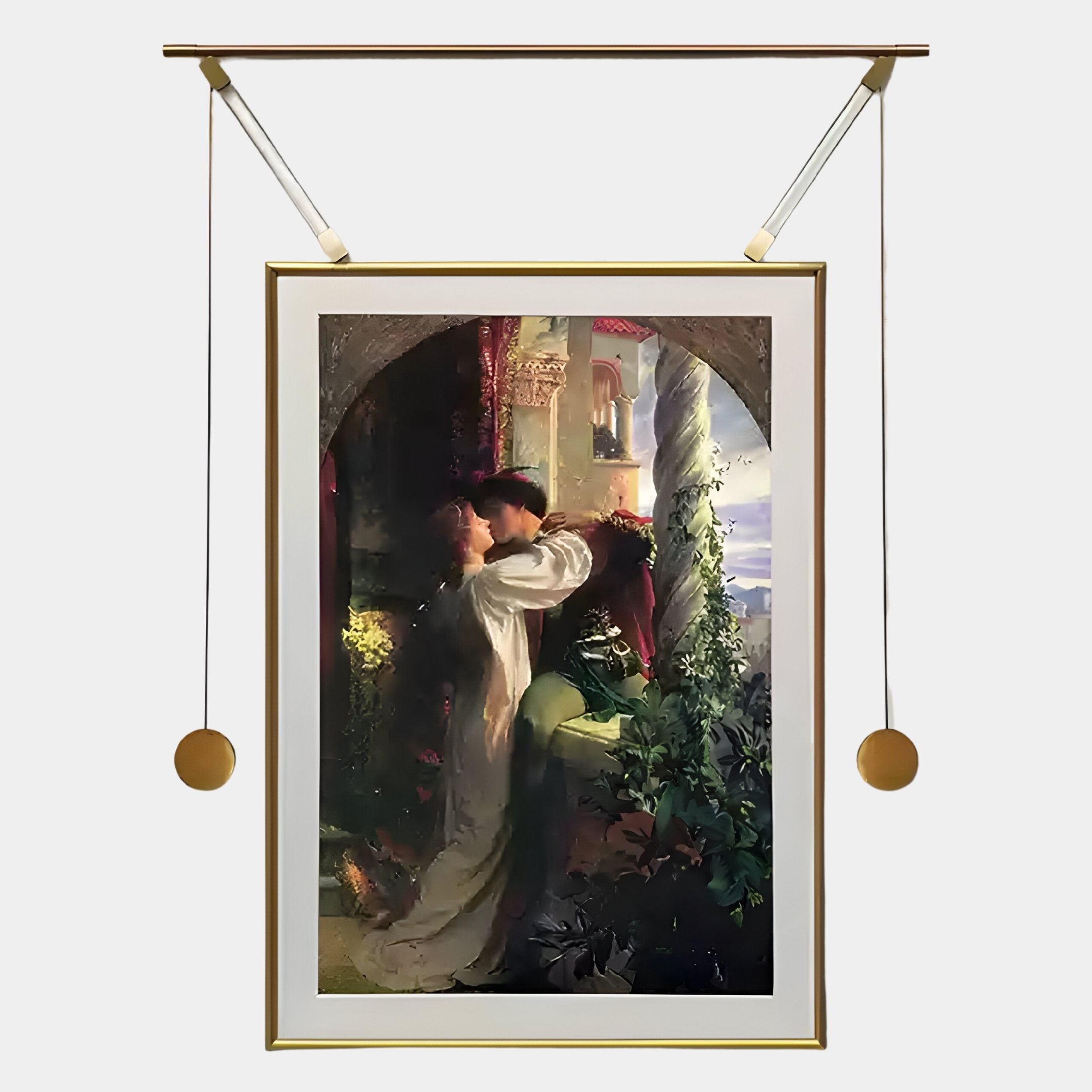 Experience timeless love with the Aristo Balcony Romance Painting by Giant Sculptures—a couple embraces on a balcony amid lush greenery and columns. Presented on premium leather canvas in a gold frame with modern hanging.