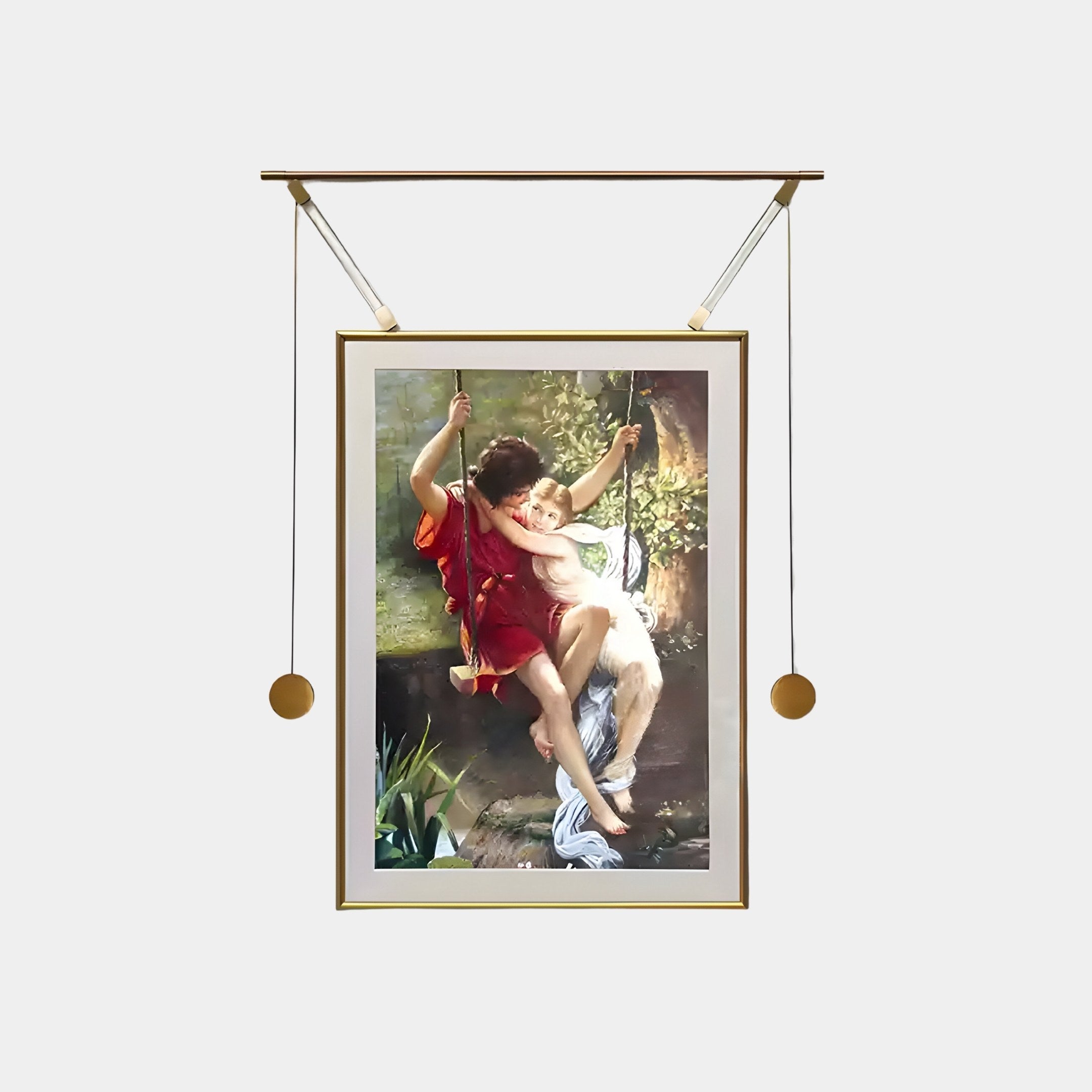 The Aristo Romantic Swing Painting by Giant Sculptures features a man in red embracing a woman in white on a swing, set against natures backdrop. Enhanced by an elegant gold frame with textured metal components, its ideal for contemporary interiors.