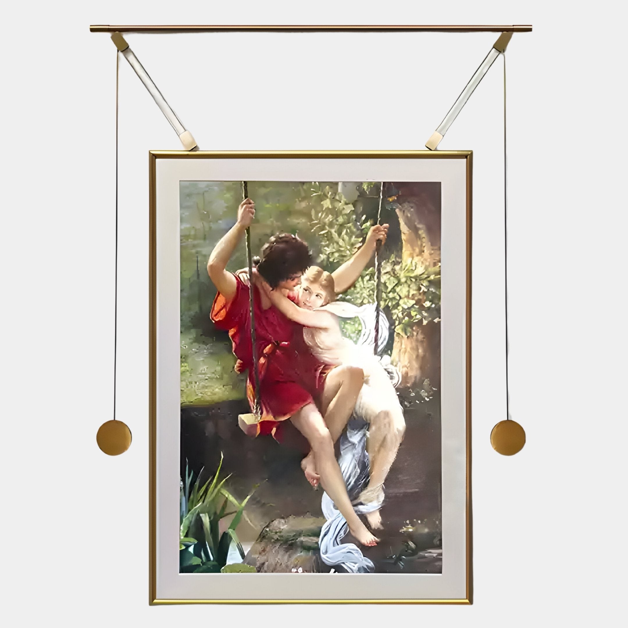 The Aristo Romantic Swing Painting Gold Frame Hanging Wall Art by Giant Sculptures features two children on a swing amid greenery, exuding timeless elegance with its gold-accented frame and hanging weights.