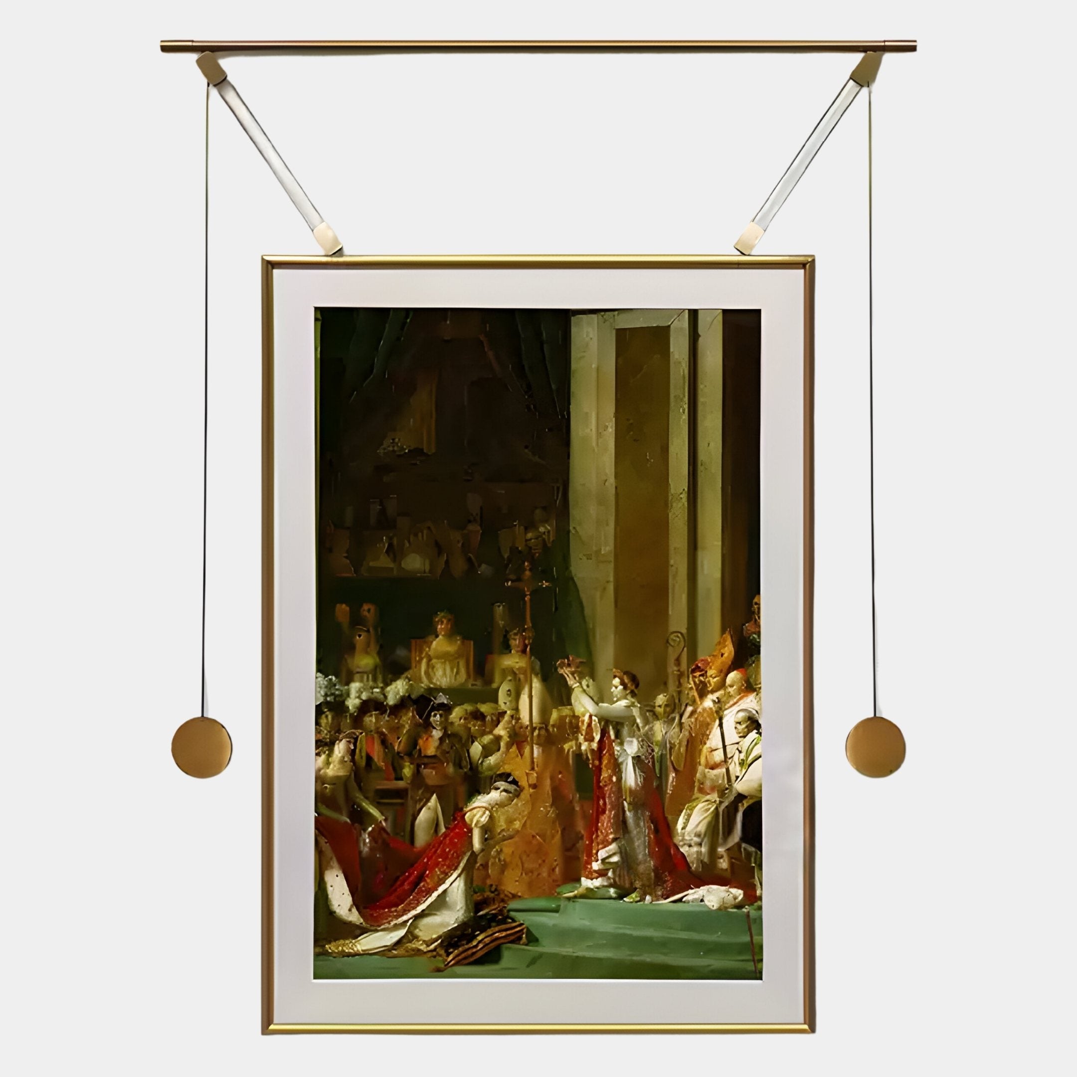The Aristo Coronation Painting Gold Frame Hanging Wall Art by Giant Sculptures features a crowned figure bestowing a crown on a kneeling subject in a grand hall, surrounded by attendants, elegantly displayed on a modern rail system.