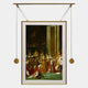 The Aristo Coronation Painting Gold Frame Hanging Wall Art by Giant Sculptures features a crowned figure bestowing a crown on a kneeling subject in a grand hall, surrounded by attendants, elegantly displayed on a modern rail system.