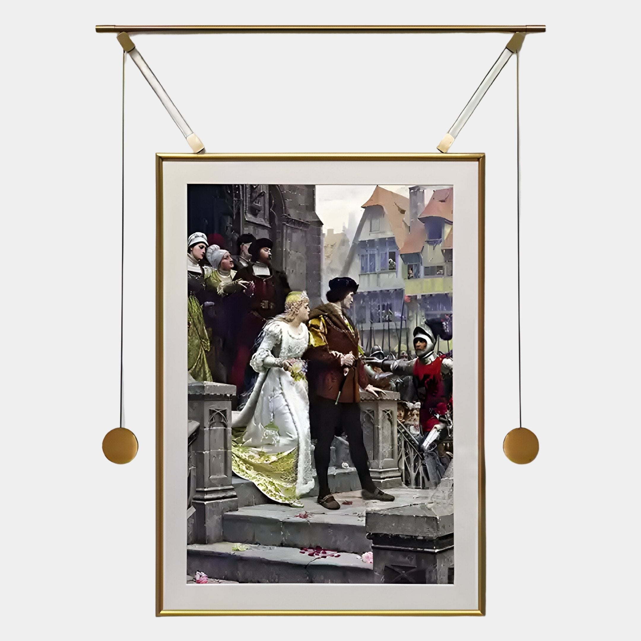 The Aristo Royal Wedding Painting Gold Frame Hanging Wall Art by Giant Sculptures depicts a medieval couple in elegant attire on stairs, surrounded by onlookers, medieval buildings, and rose petals—adding regal charm to your space.