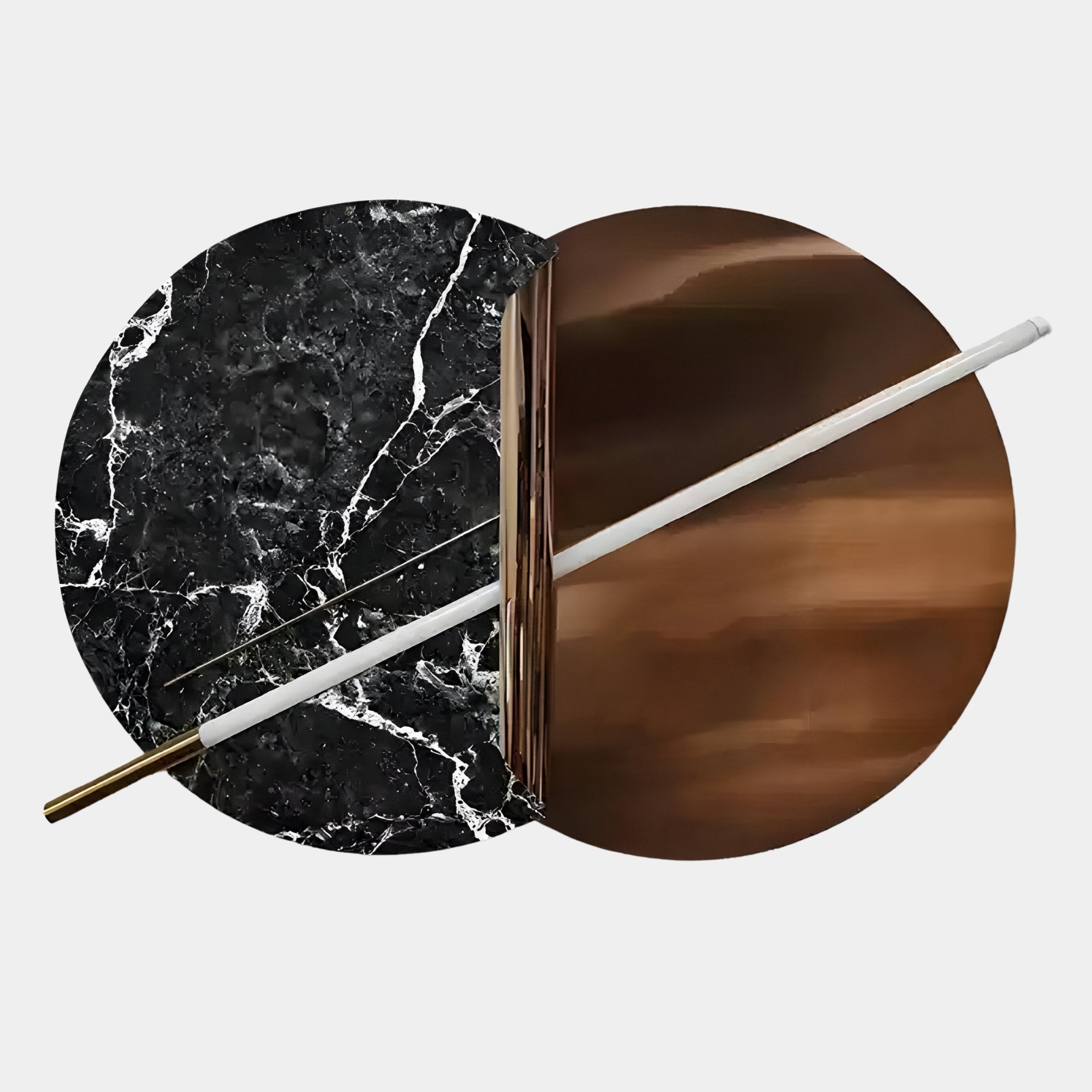 The Lunaris Black Marble & Bronze LED Wall Art by Giant Sculptures features two overlapping circles—one with black marble, one with a brown metallic finish—and a white rod with gold ends, making it perfect for enhancing any modern space.