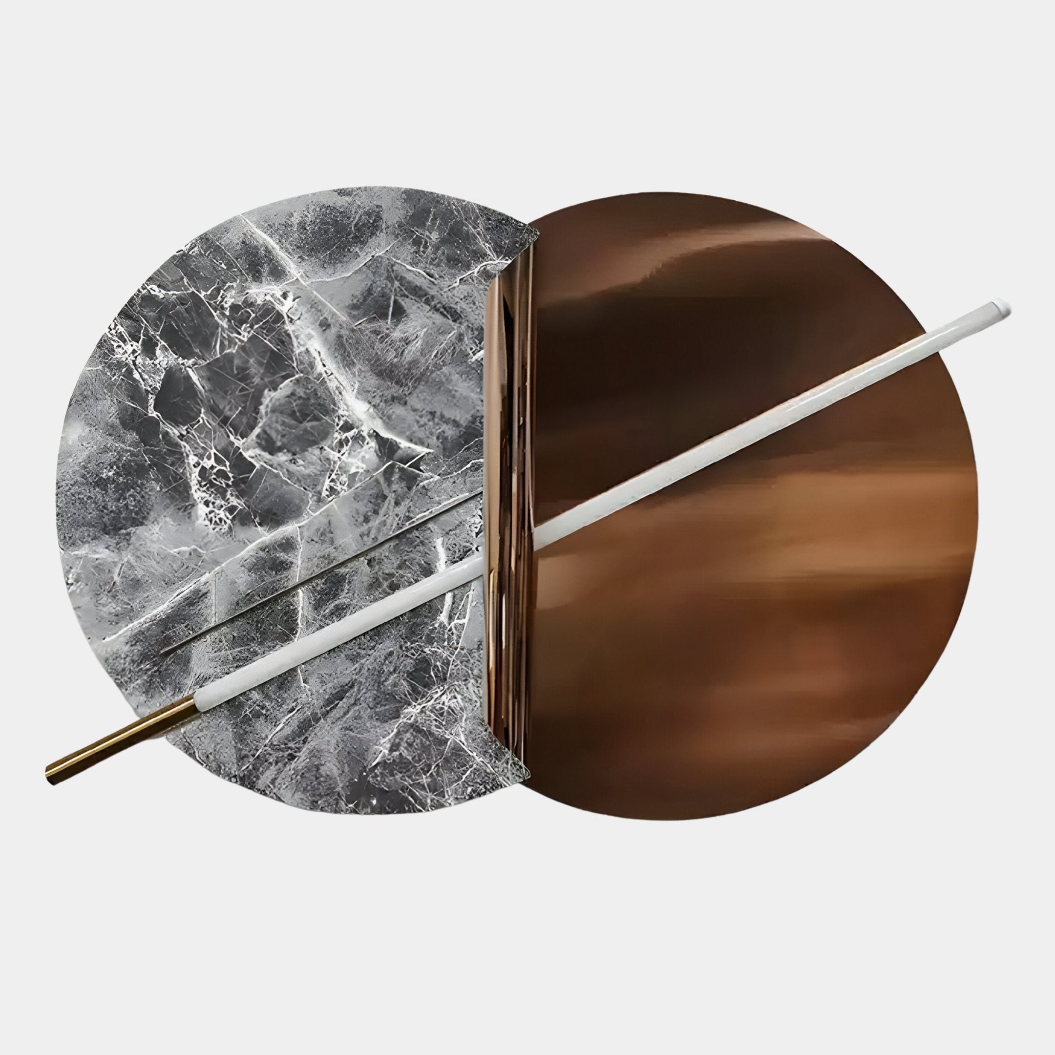 The Lunaris Grey Marble & Bronze LED Wall Art by Giant Sculptures features two overlapping circles—one in Lunaris Grey Marble, one metallic bronze—intersected by a gold-tipped white rod, on a plain white background.
