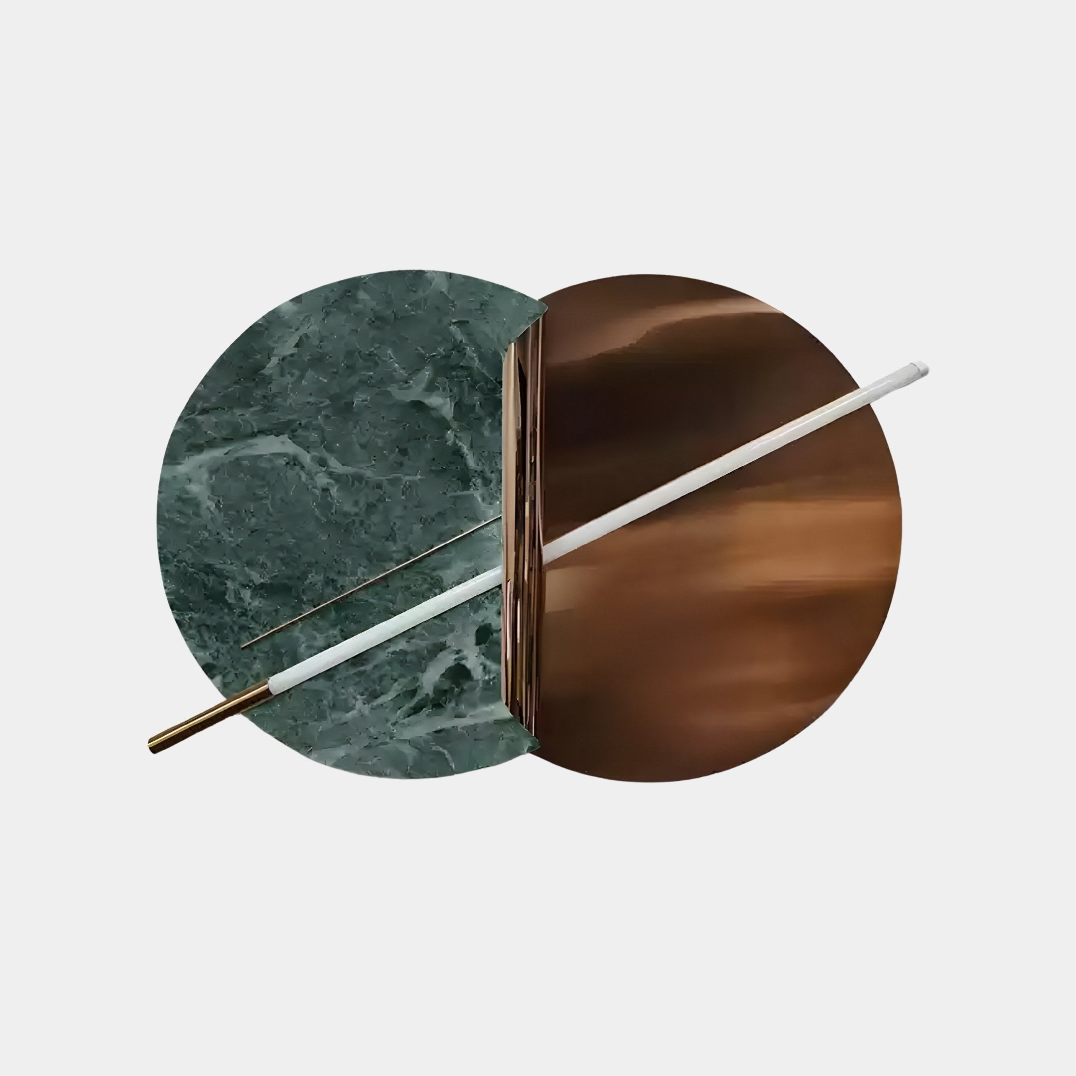 The Lunaris Green Marble & Bronze LED Wall Art by Giant Sculptures showcases intersecting circles, one with Lunaris Green Marble texture and the other in smooth bronze. A white rod with a gold tip crosses the bronze circle, forming a minimalist geometric design that exudes contemporary elegance.