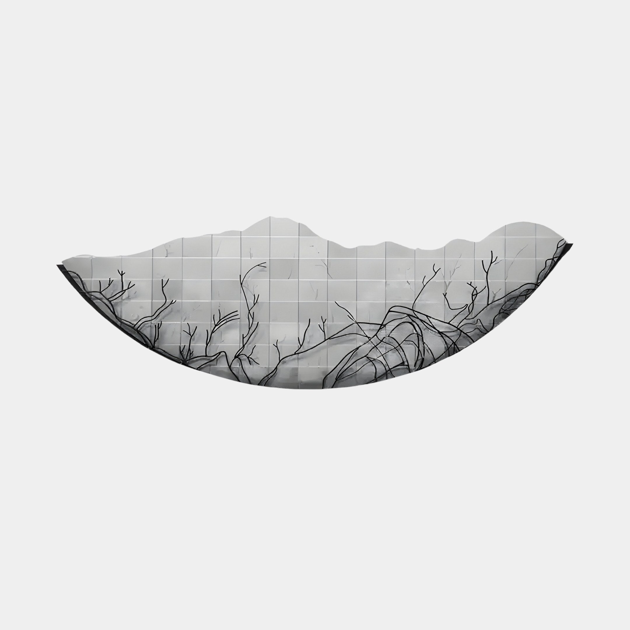 The Arcana Grey Abstract Branch Mosaic Half-Moon 3D Wall Art by Giant Sculptures features bare branches on a grid backdrop, creating a horizon-like effect. This 3D art piece delivers minimalist modern artistry with a serene and melancholic vibe.