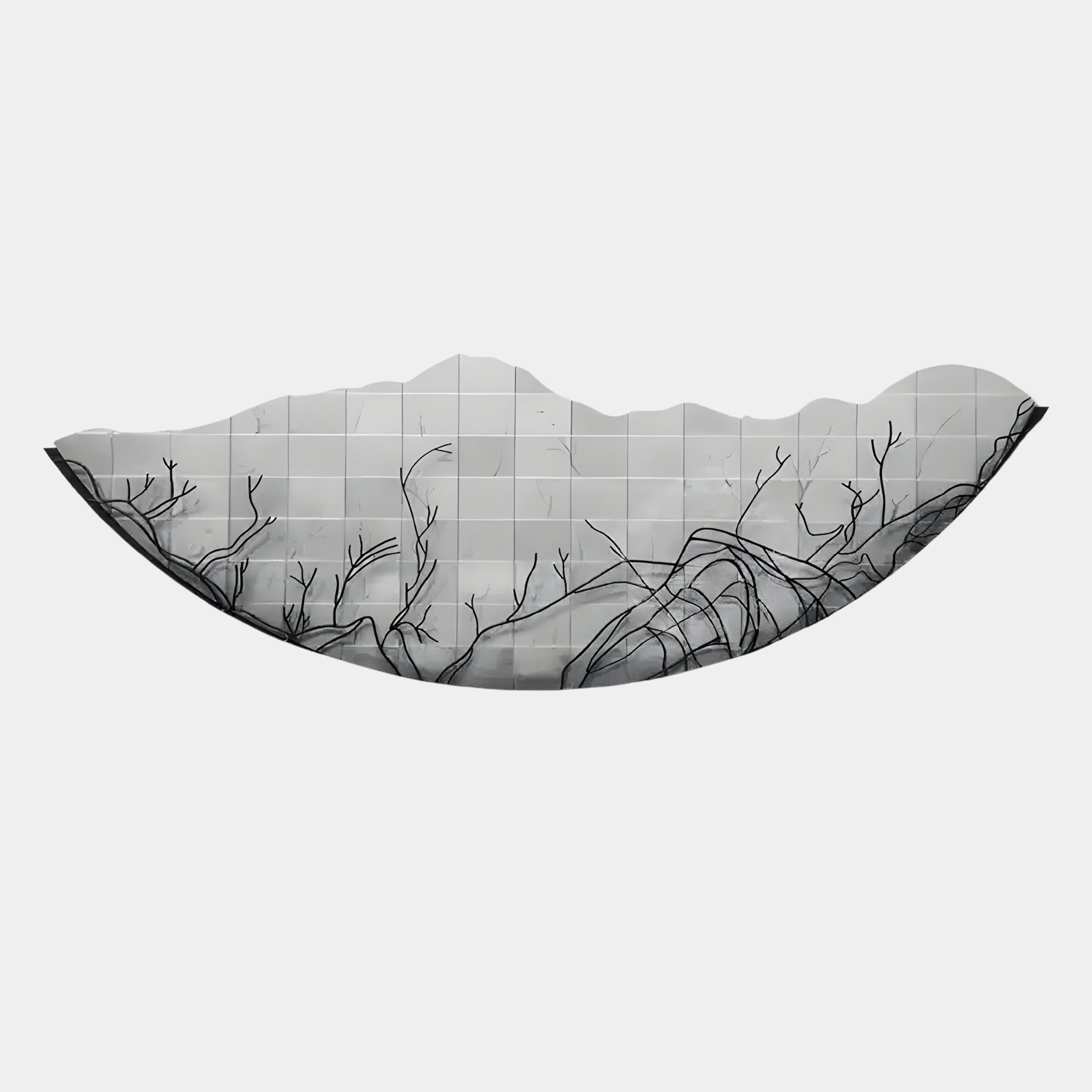 The Arcana Grey Abstract Branch Mosaic Half-Moon 3D Wall Art by Giant Sculptures features a curved, gray-scale mountainous scene with abstract leafless branches and grid details, embodying modern artistry and mosaic style.