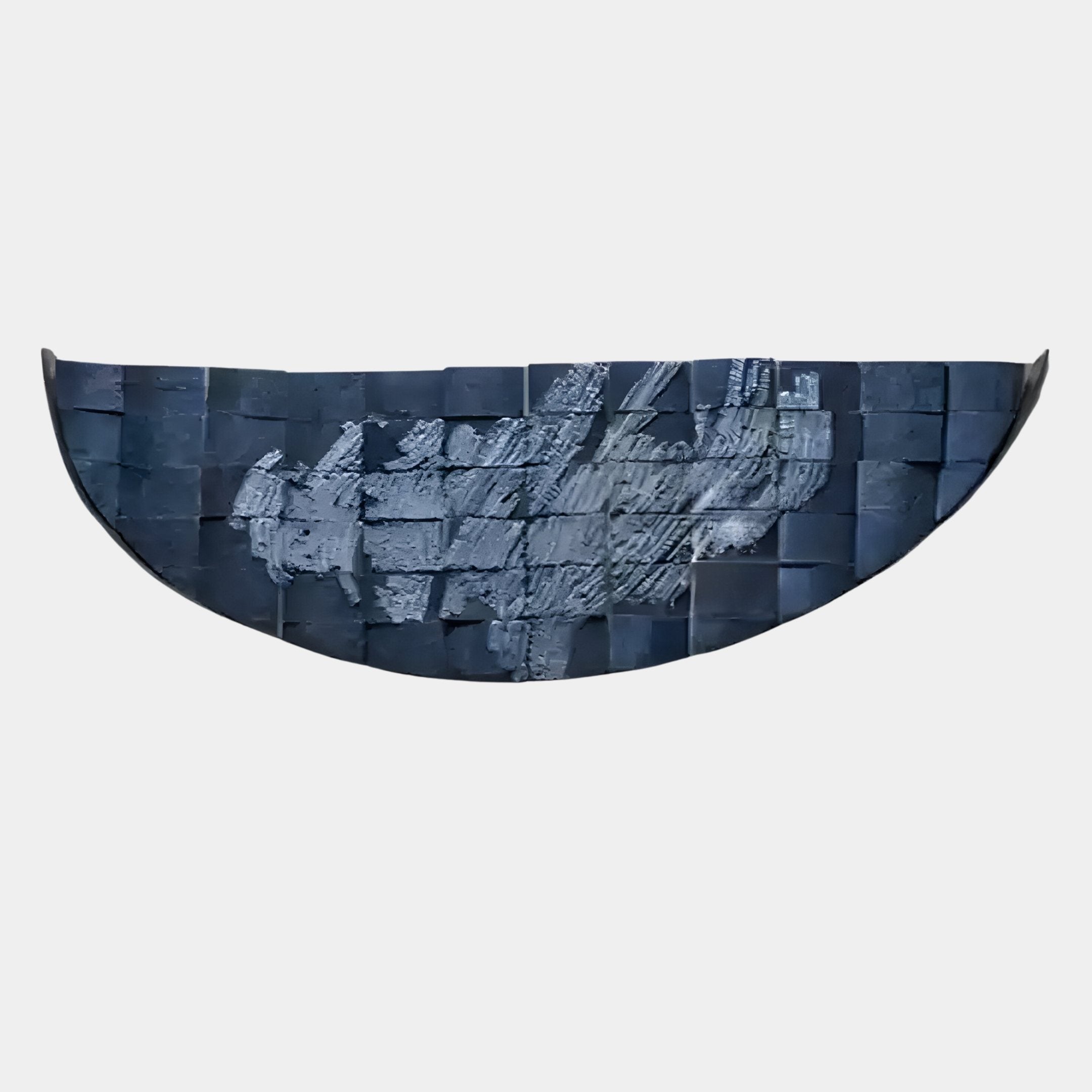 The Arcana Midnight Blue Textured Mosaic Half-Moon 3D Wall Art by Giant Sculptures features a stunning curved design crafted from midnight blue mosaic tiles with a lighter abstract pattern—an eye-catching statement piece for any room.