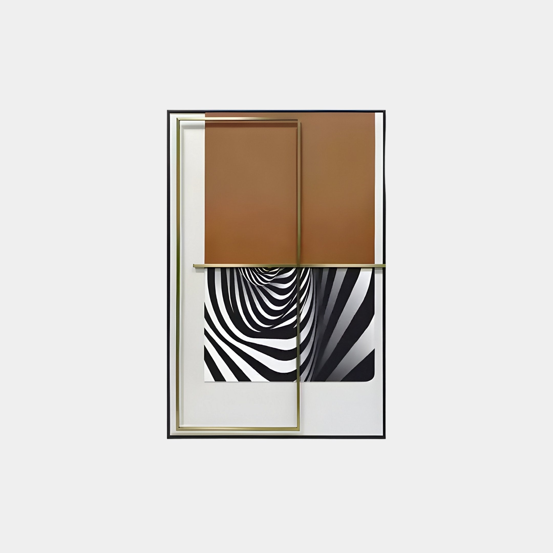 The Optique Warp Black & Brown Rectangular Wall Art by Giant Sculptures is ideal for modern interiors, featuring a minimalist design with overlapping copper rectangles at the top and a black and white spiral illusion at the bottom, all elegantly framed in a thin border.