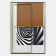 The Optique Warp Black & Brown Rectangular Wall Art by Giant Sculptures features two brown rectangles above two black-and-white spiraled panels, separated by a slim metallic bar in a minimalist frame—ideal for modern decor.