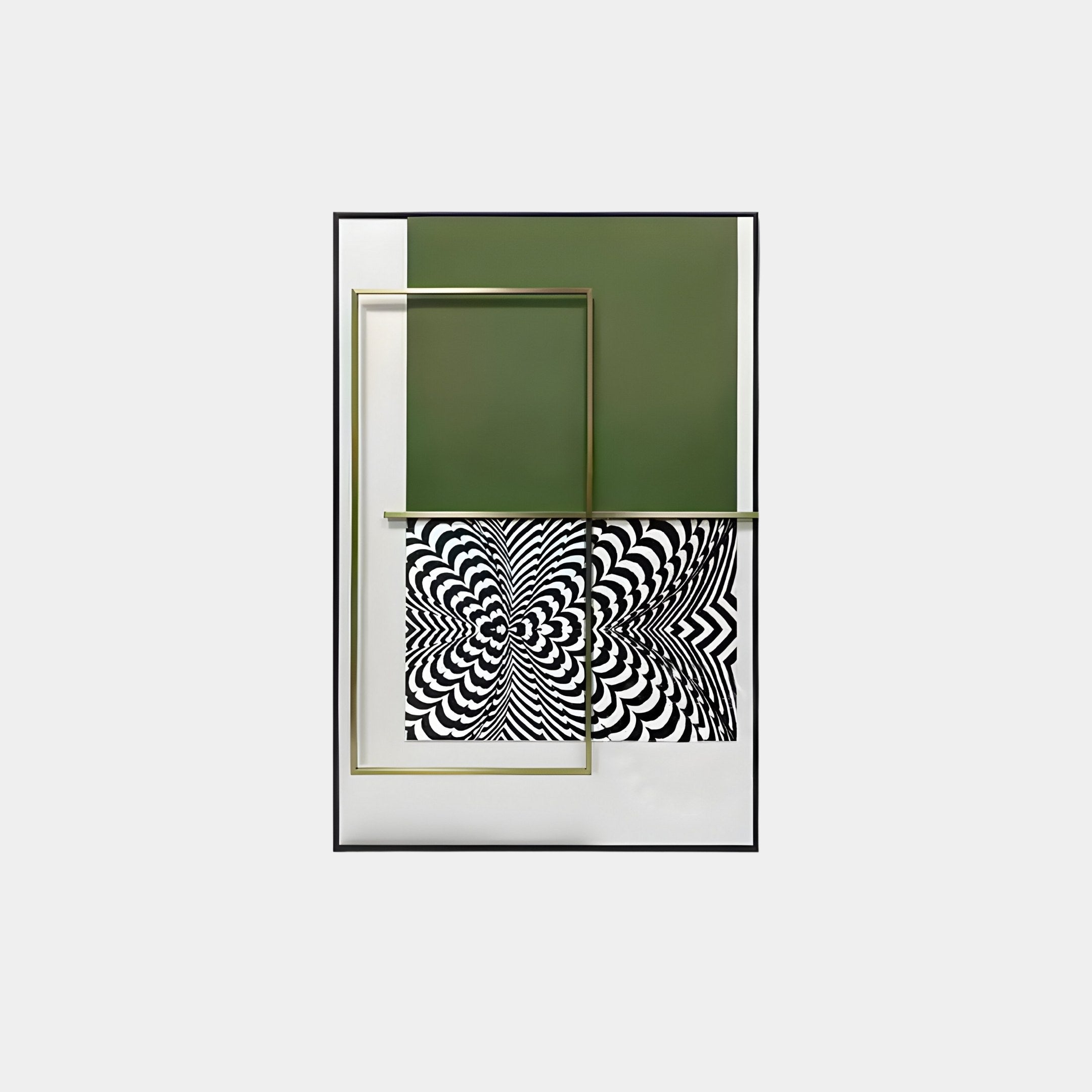 The Optique Swirl Black & Green Rectangular Wall Art by Giant Sculptures highlights geometric artistry with a green rectangle on top and a black-and-white swirl creating an optical illusion. A thin gold frame bisects it vertically and horizontally, enhancing its dynamic visual intrigue.