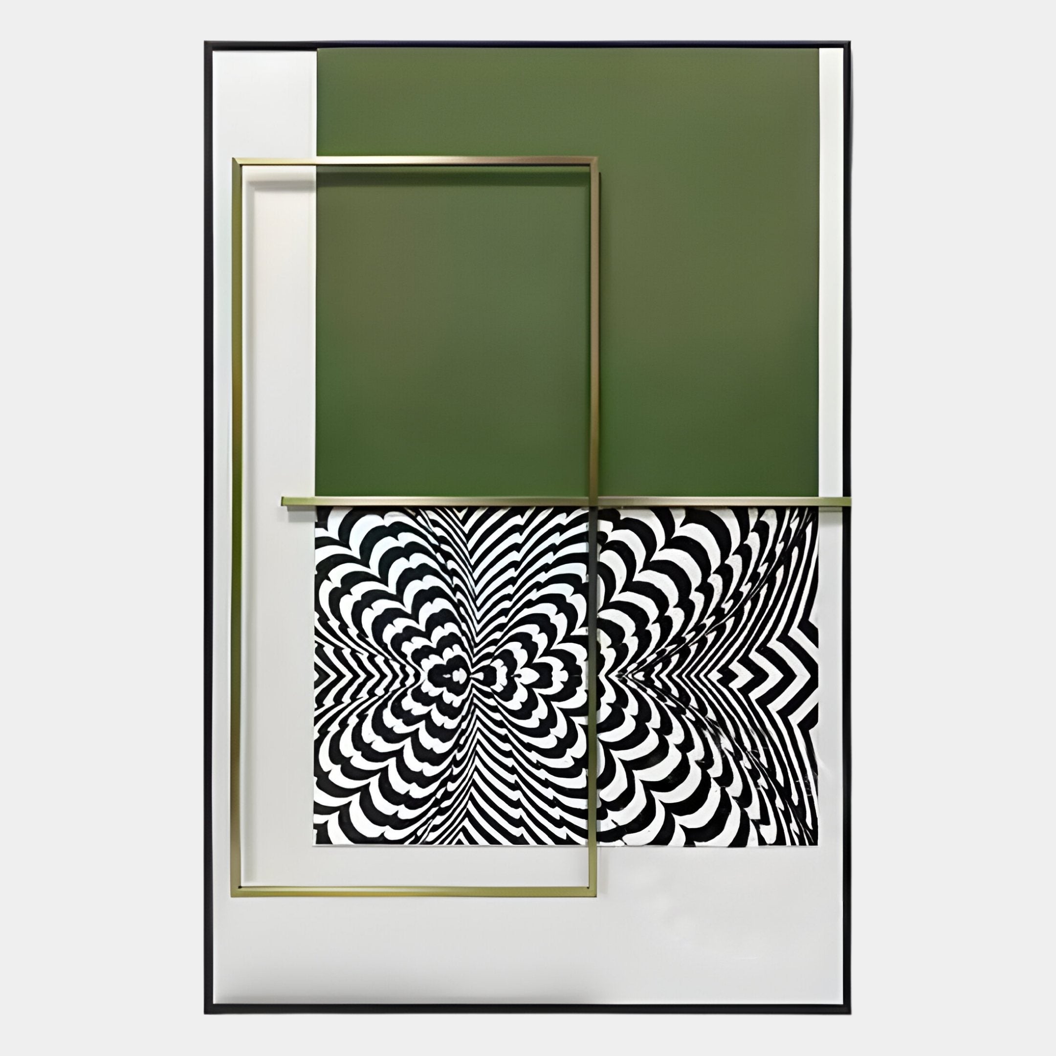 Optique Swirl Black & Green Rectangular Wall Art by Giant Sculptures features hypnotic black-and-white geometric patterns on a green and white background, overlaid with thin gold rectangular frames for striking artistry.