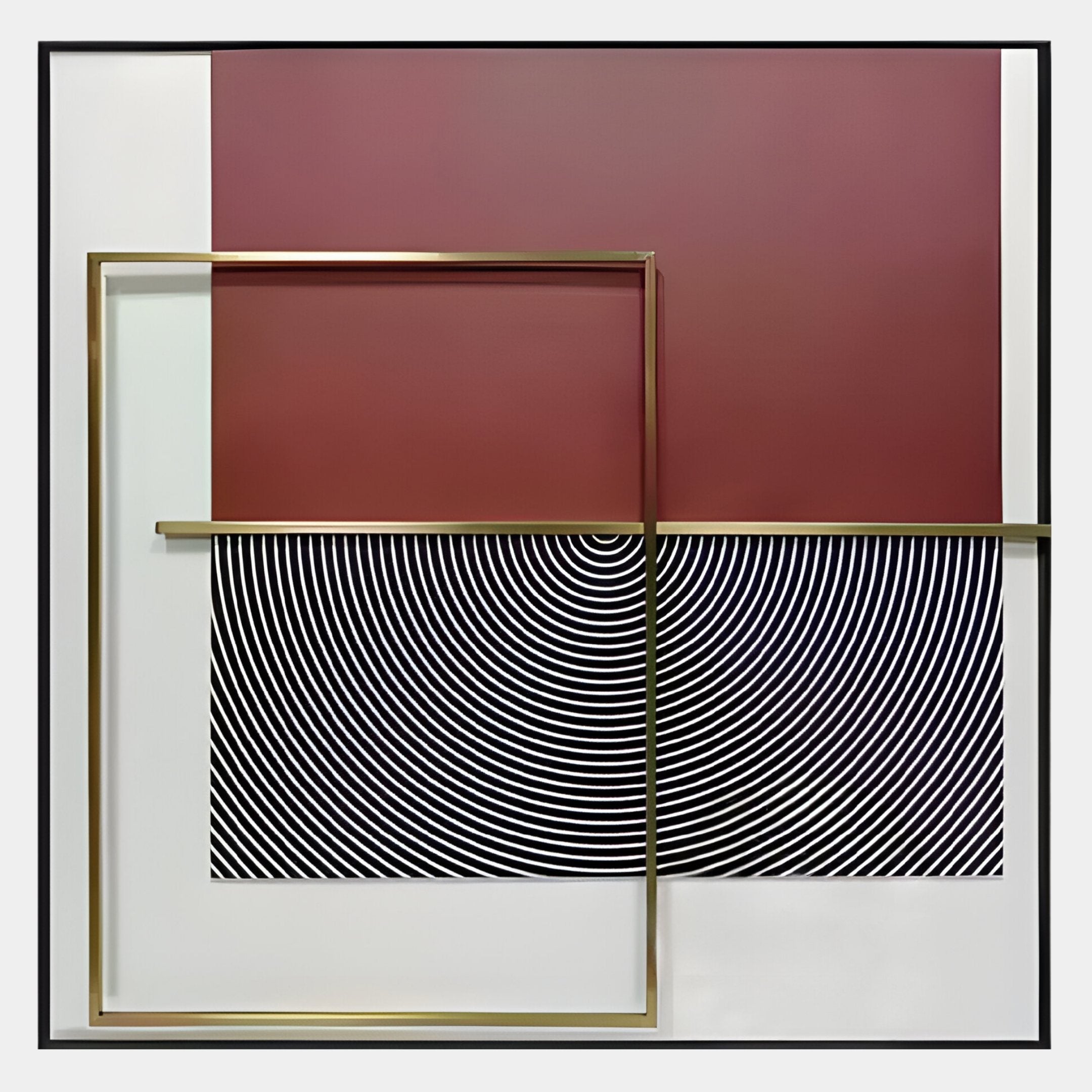 Optique Spiral Black & Red Square Wall Art by Giant Sculptures features a maroon and white backdrop, black-and-white spiral motif, and thin gold rectangles—ideal for adding modern style to your space.
