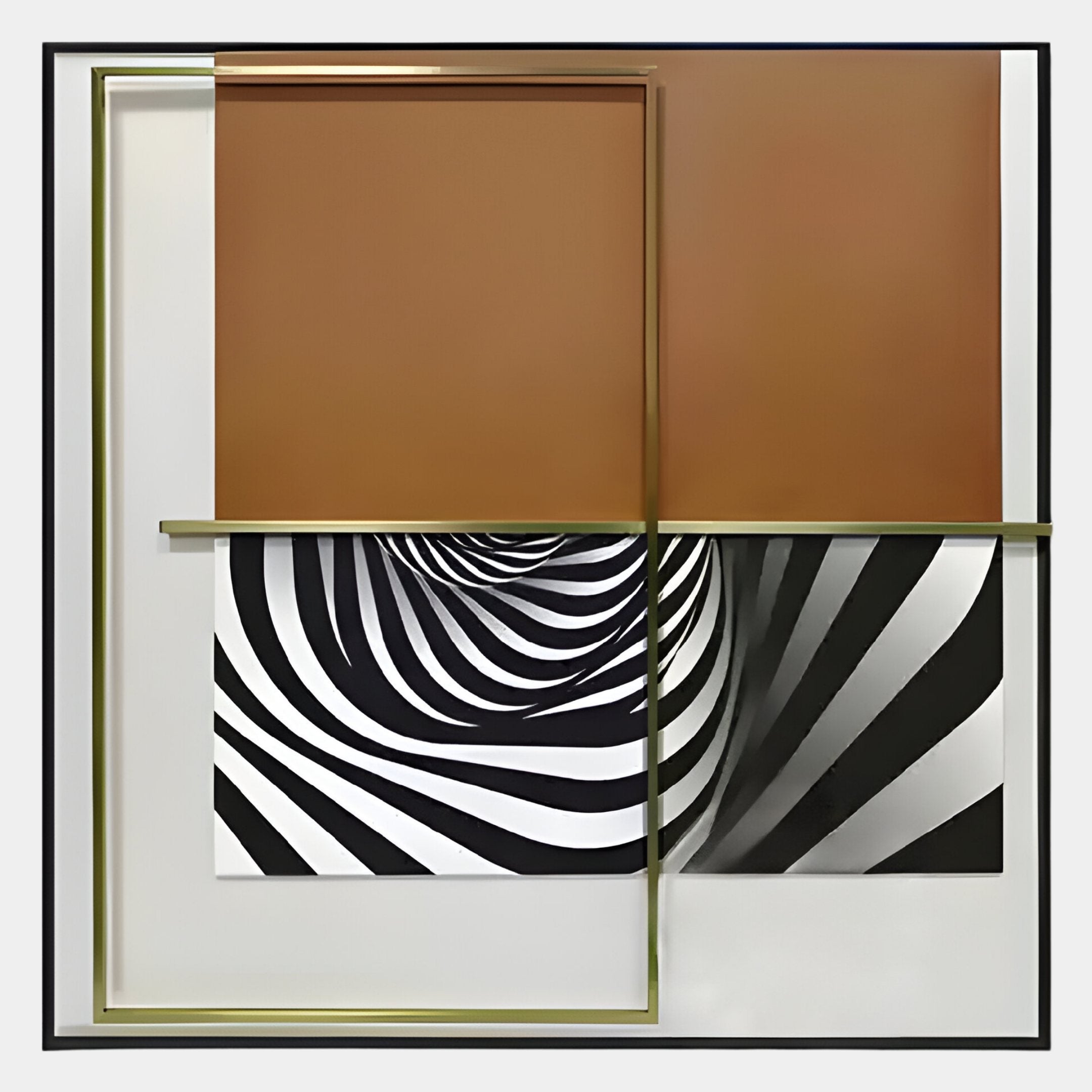 The Optique Warp Black & Brown Square Wall Art by Giant Sculptures showcases two brown rectangles above a black-and-white spiral on a white background, with thin gold and black lines creating bold geometric divisions for a modern look.