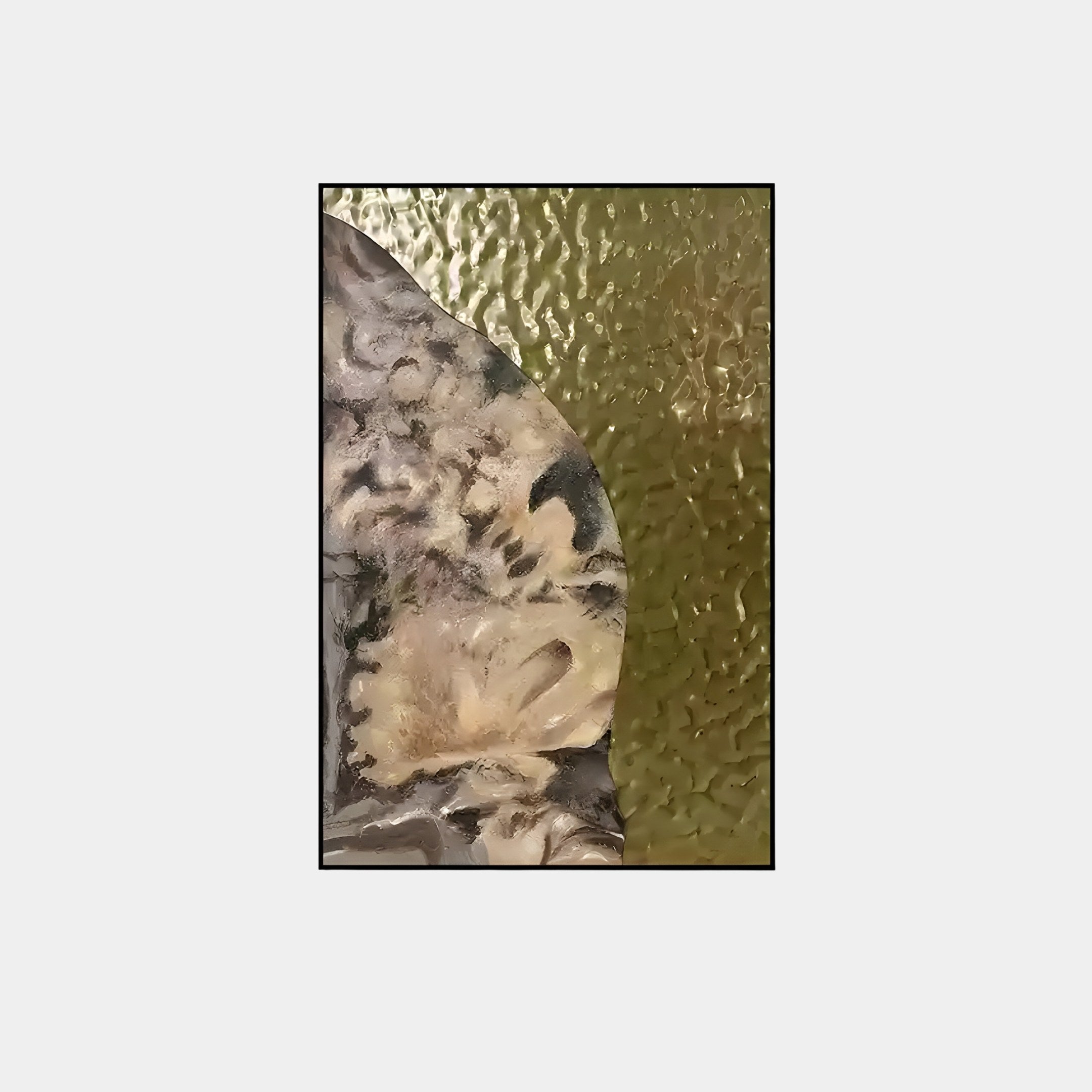 The Astrid Earthy Bloom Gold Textured Abstract Wall Art by Giant Sculptures features a rugged, textured surface in earthy tones with a hint of gold, contrasting against a smooth, speckled olive-green background for a natural and artistic look.